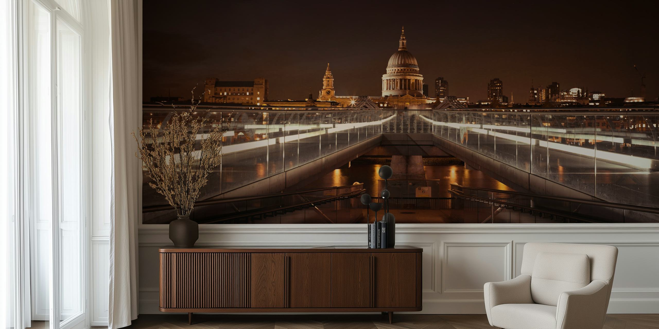 Millennium Bridge at night with St. Paul's Cathedral in the background wall mural