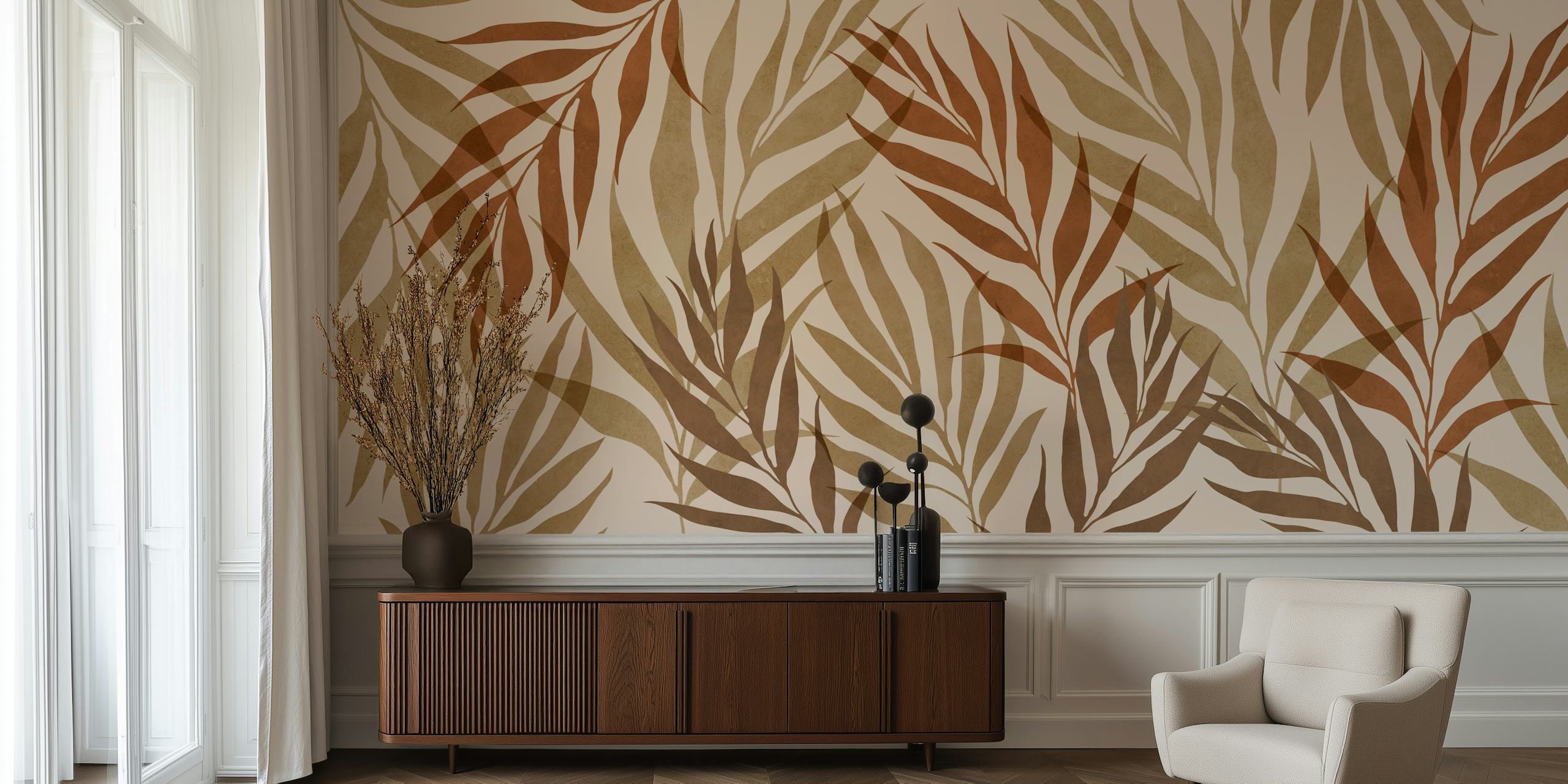 Earthy toned floral motif wallpaper with large leaves in muted colors.