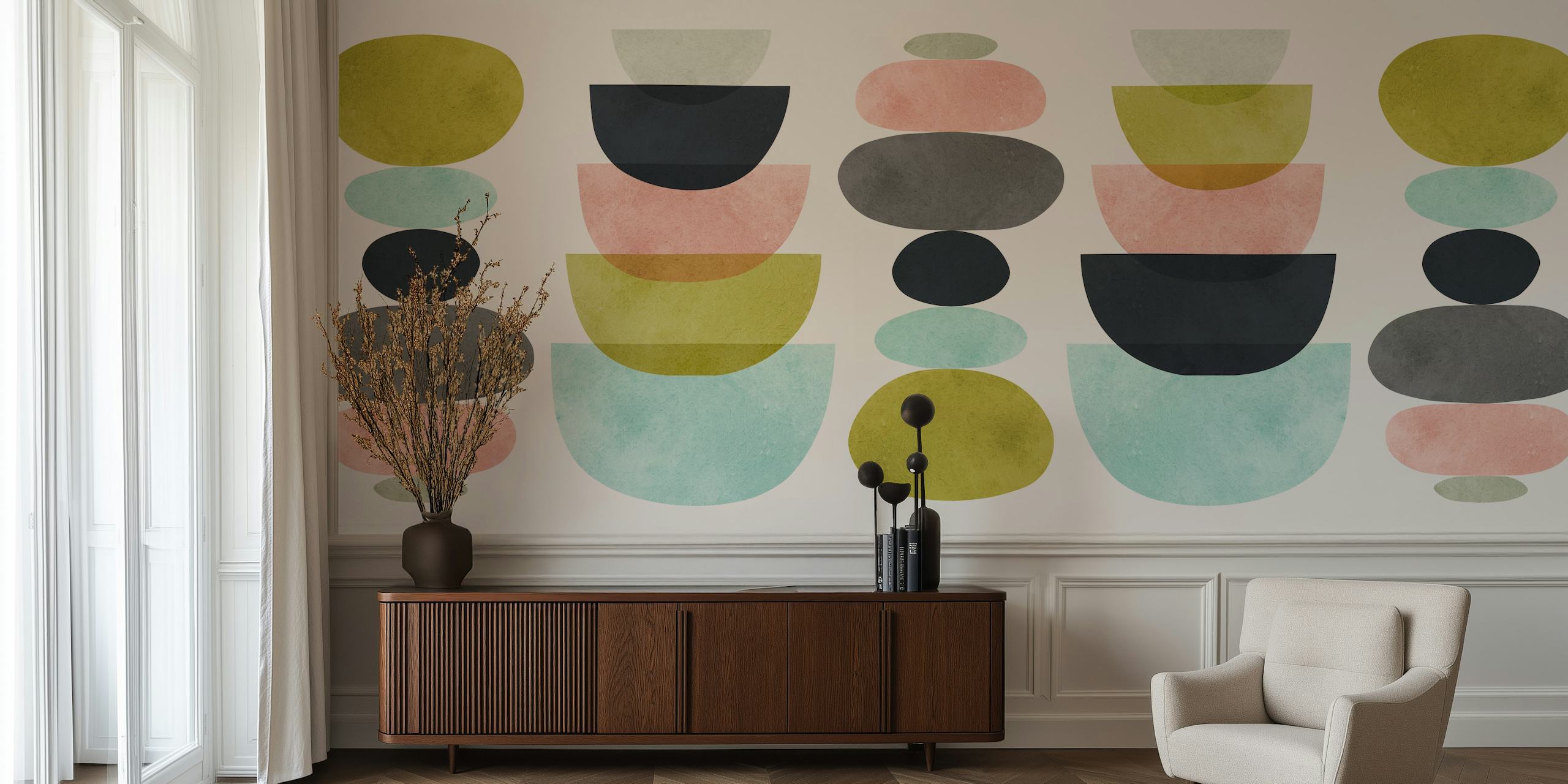Abstract layered shapes in soft greens, pinks, and grays. Boho wallpaper.