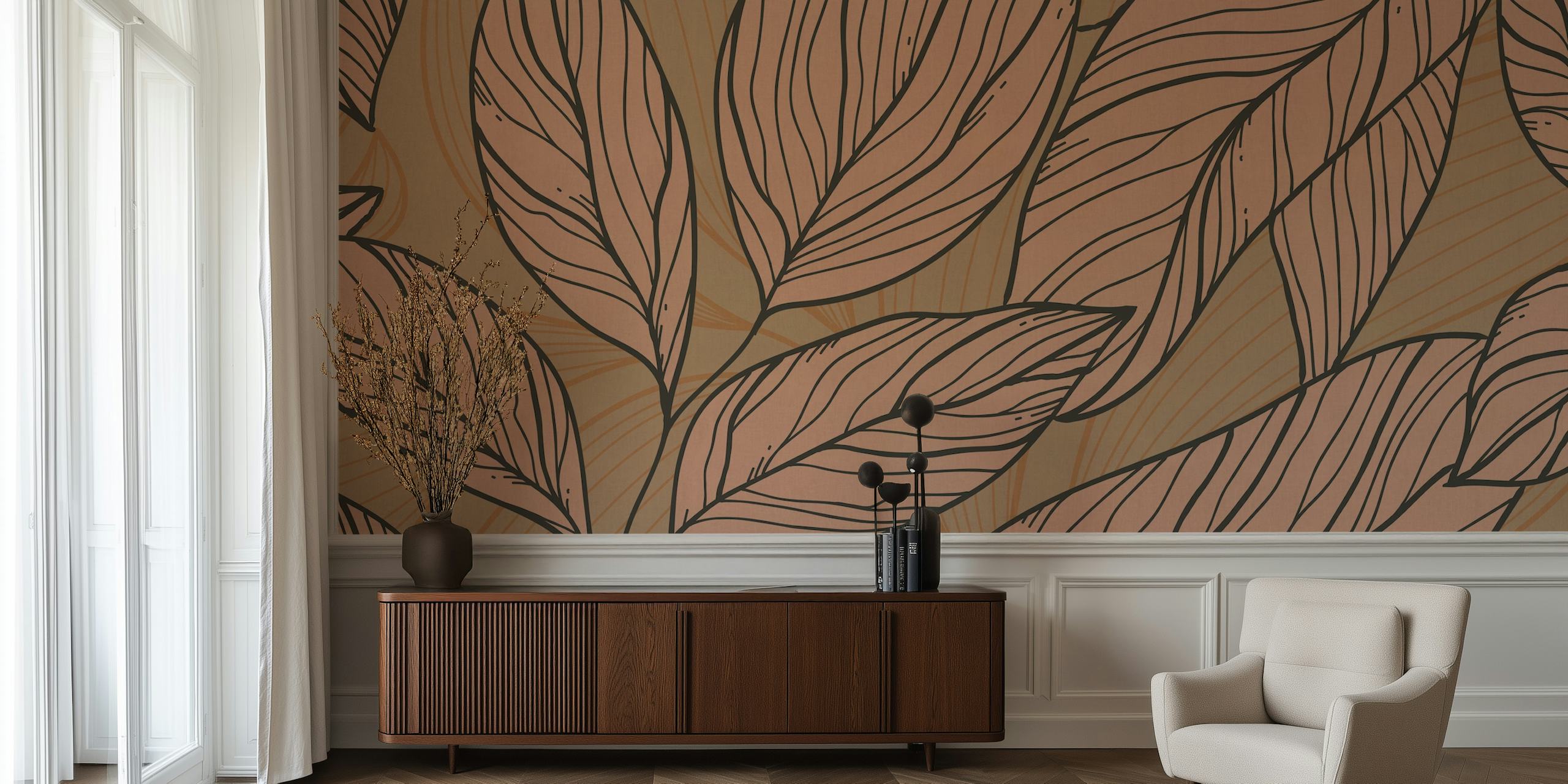 Leaf Line Vintage behang in een kameropstelling