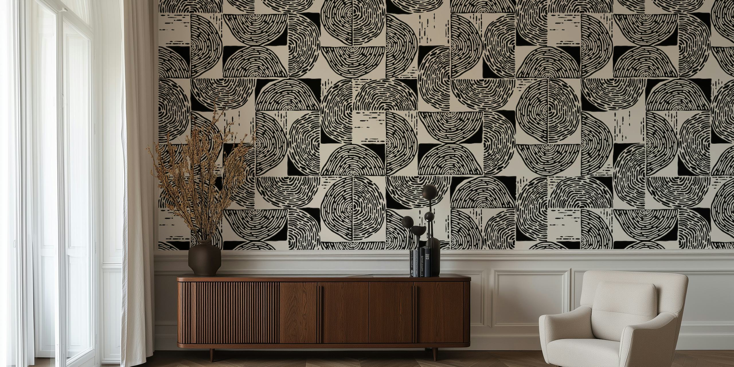 papel tapiz black and white wood block print en una habitación
