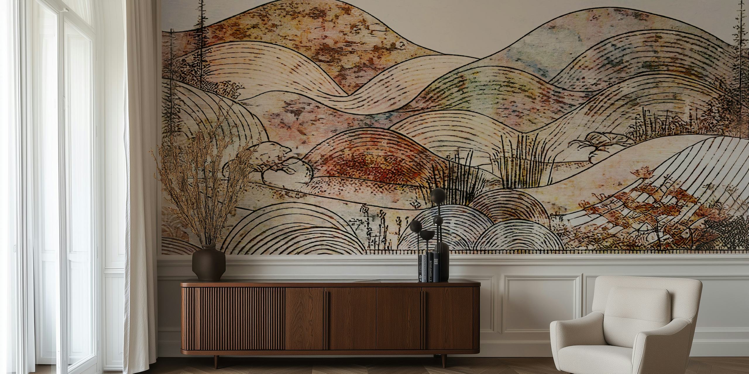 Antique Japandi Sunrise Mountains carta da parati in una stanza