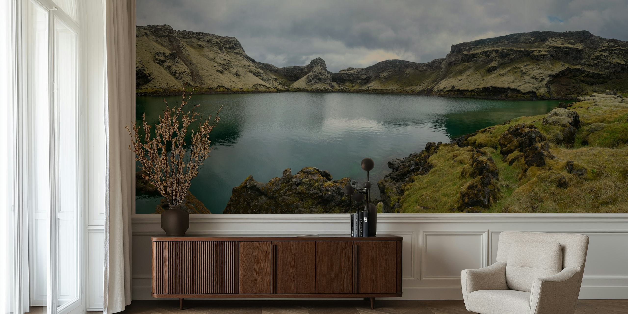 Scenic view of Laki Crater Lake showcasing green water and rocky shores wall mural