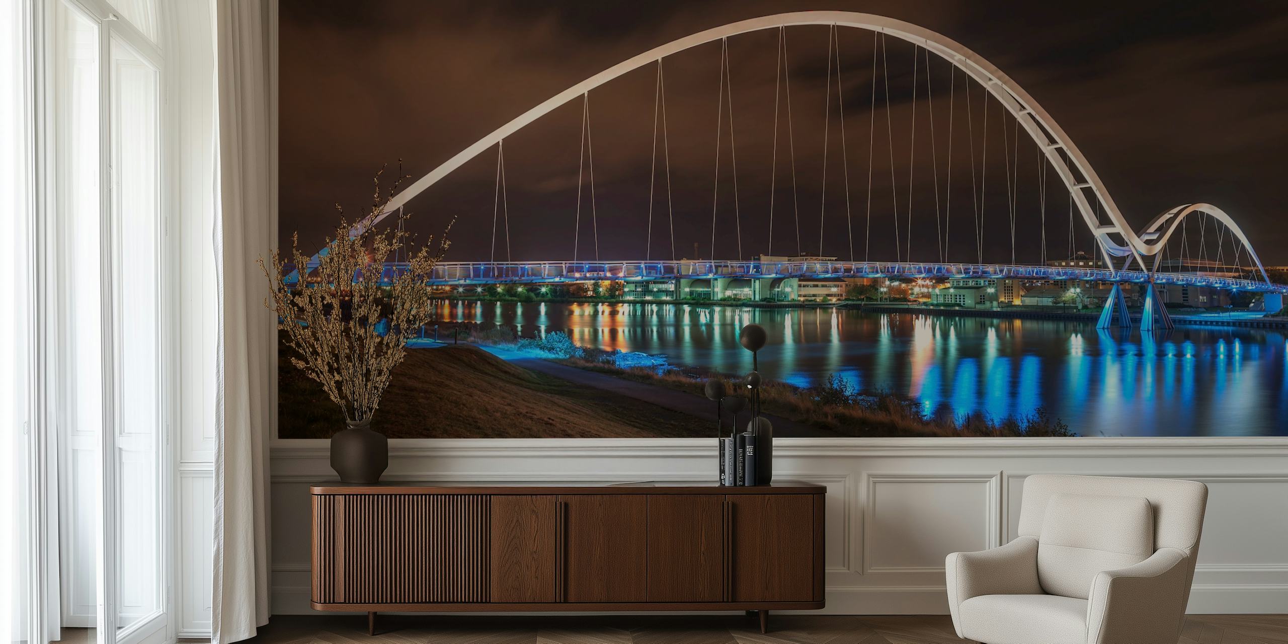 Modern white bridge at night with blue lights reflection wallpaper