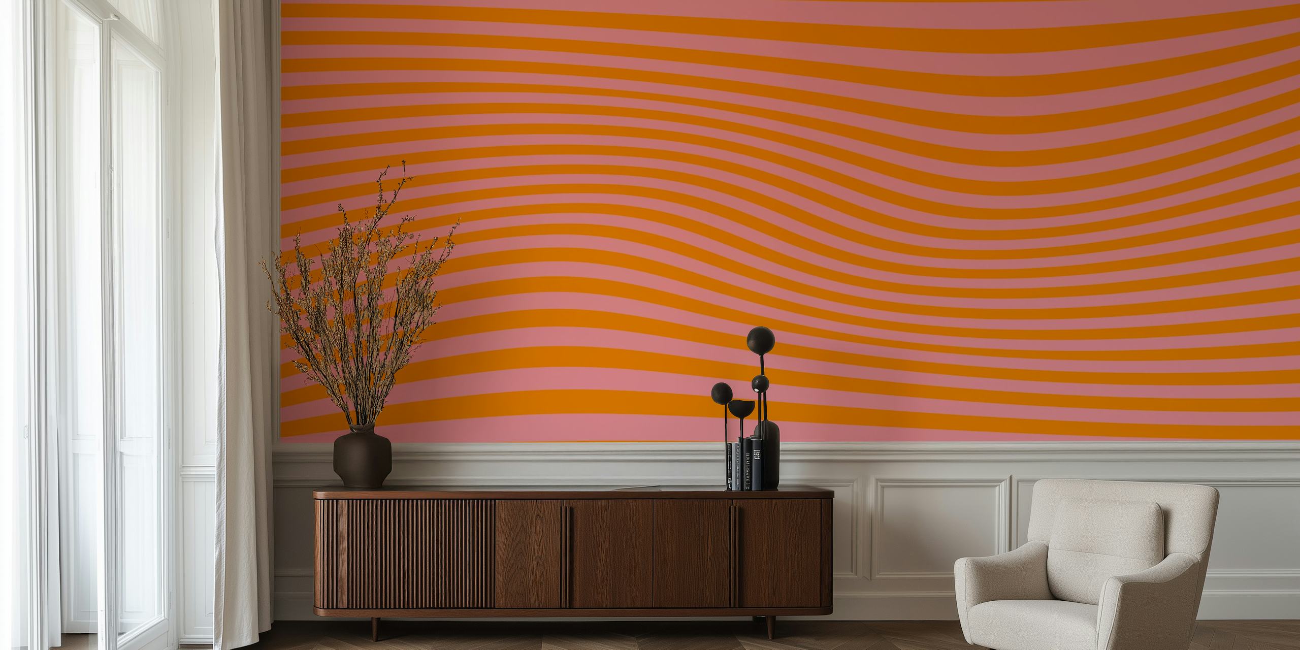 Papier peint Orange Scandi Mid Century Modern Wave Stripes dans une pièce