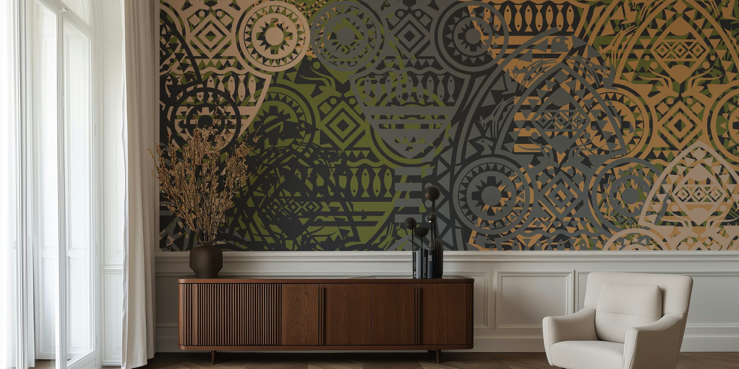Tribal geometric patterns in earthy tones and vibrant colors wallpaper