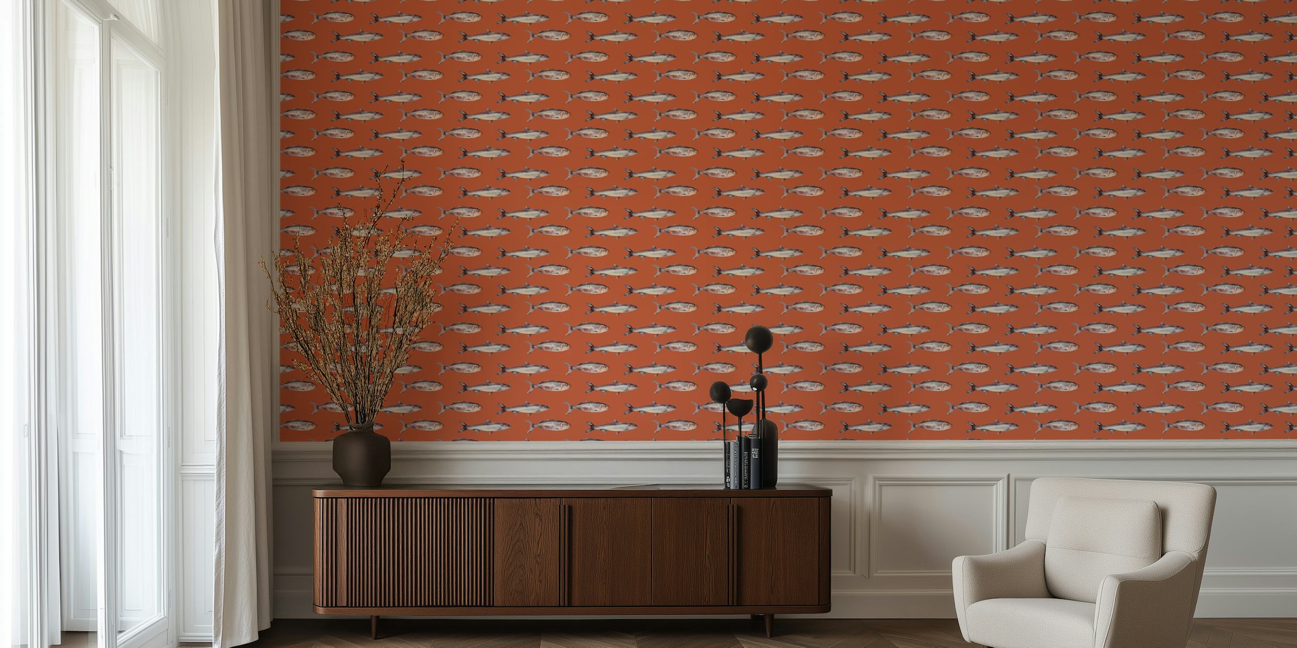 Fish Ocean Orange Tapete in einem Raum