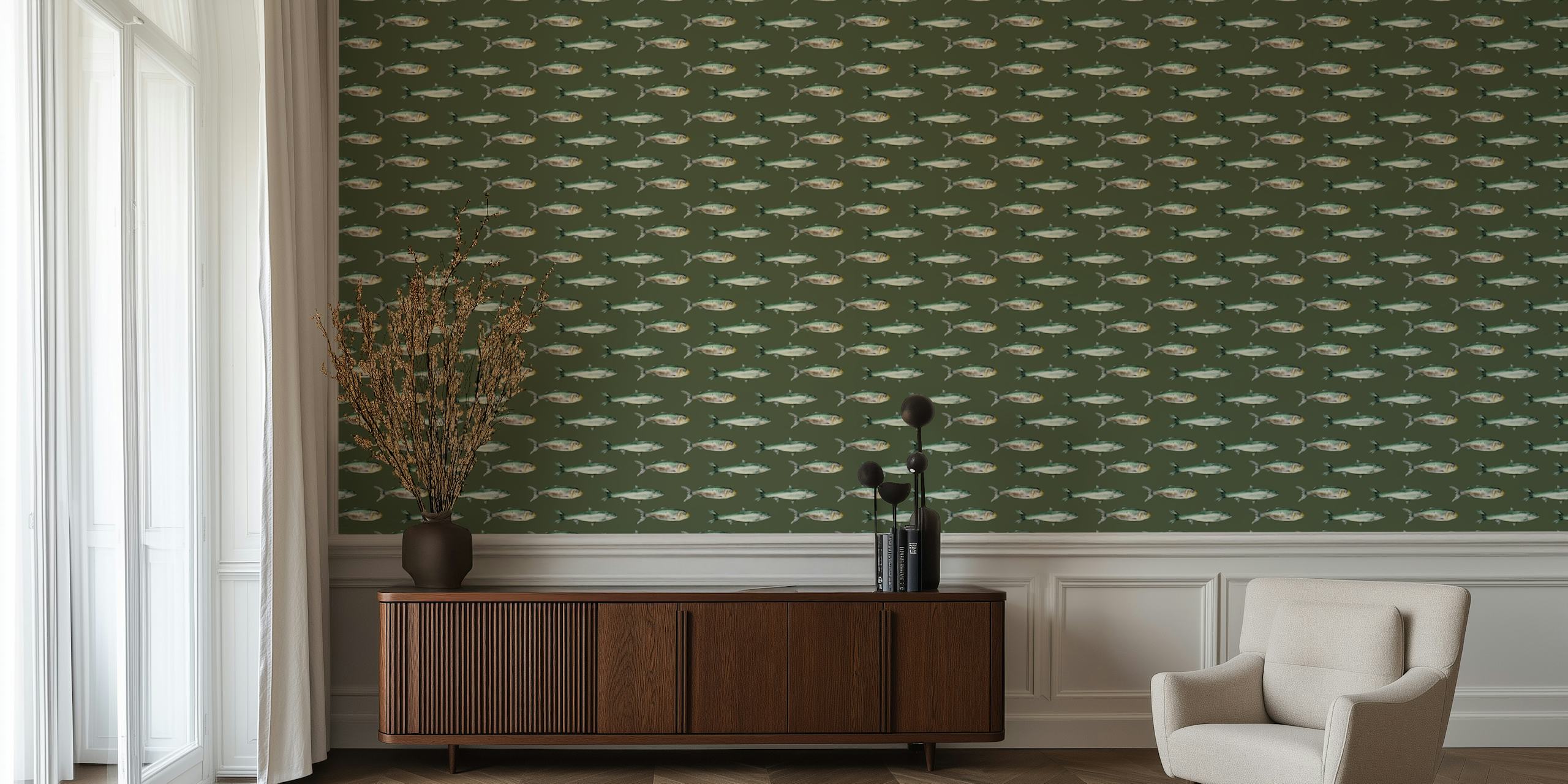 Green fish pattern wallpaper featuring various fish designs