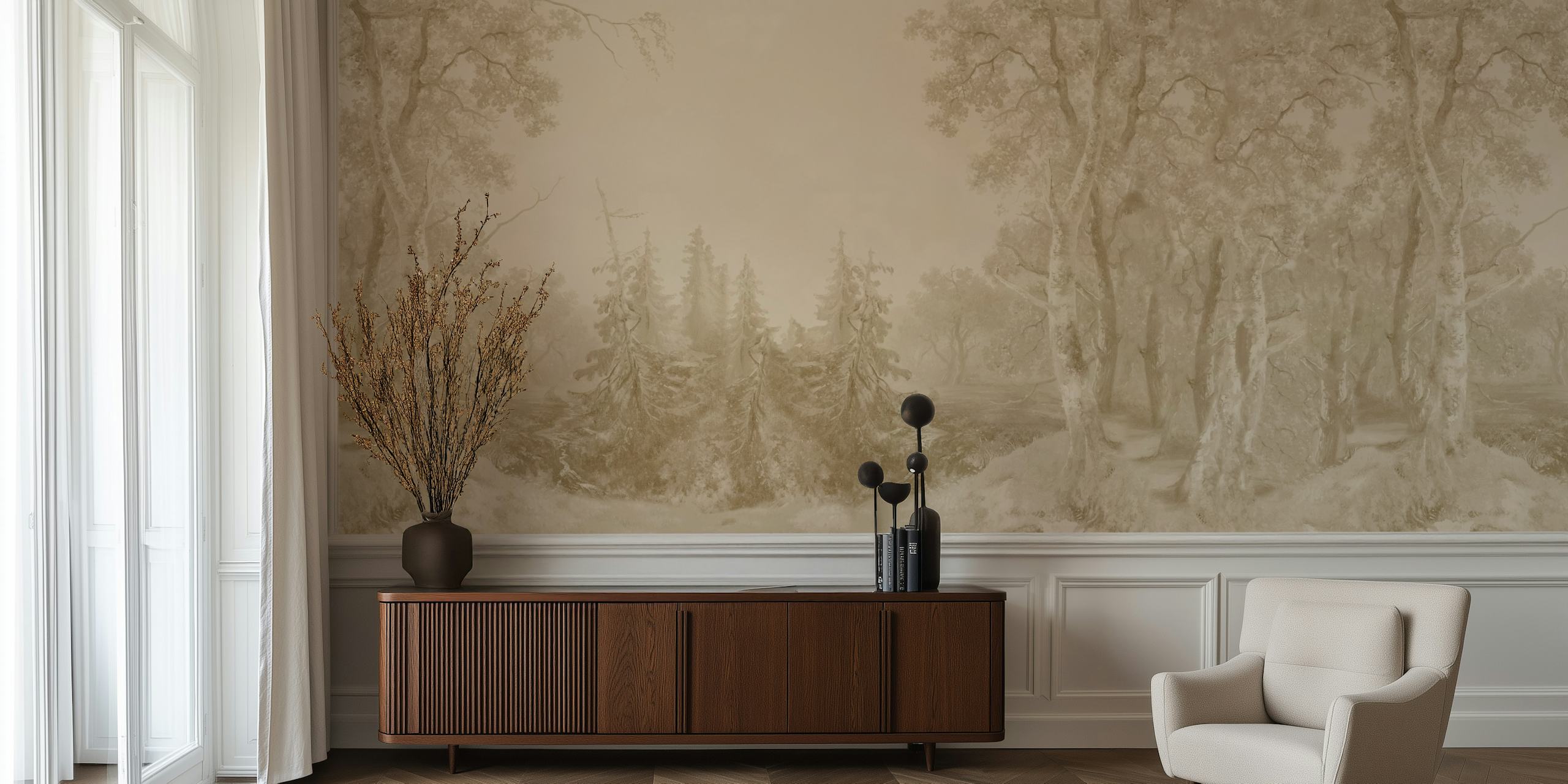 Beige forest landscape Tapete in einem Raum
