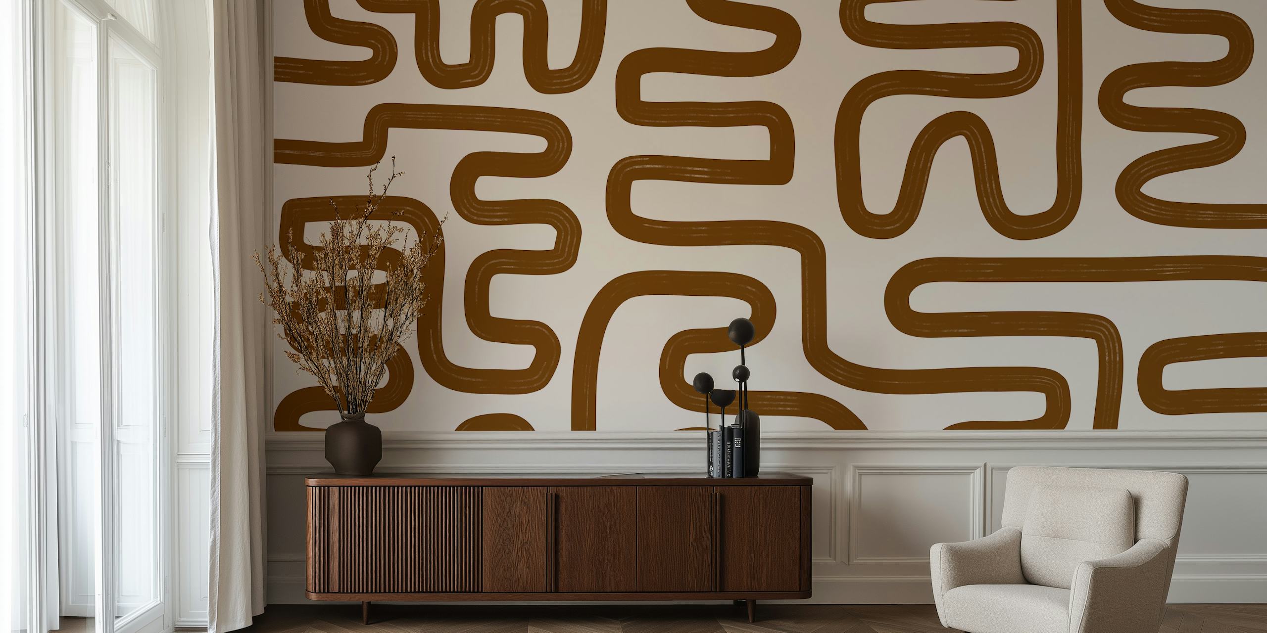 Ταπετσαρία Abstract Line Brown σε ένα δωμάτιο