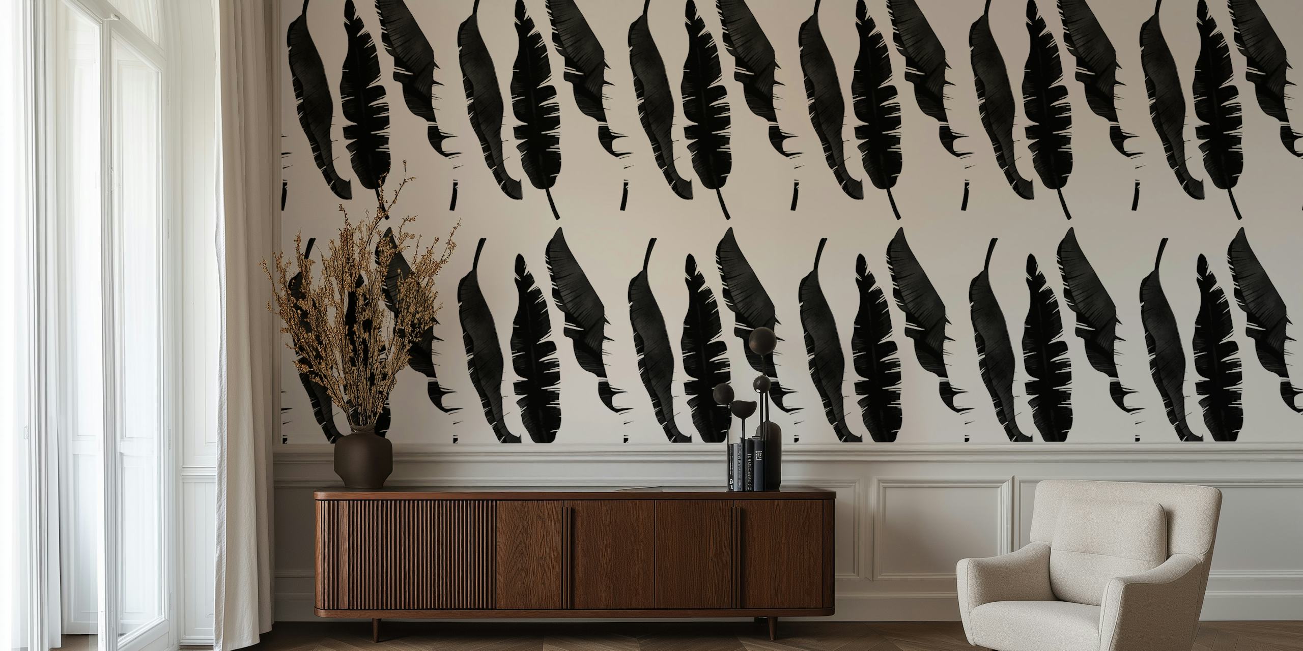 Monochrome feather wallpaper displayed in a room