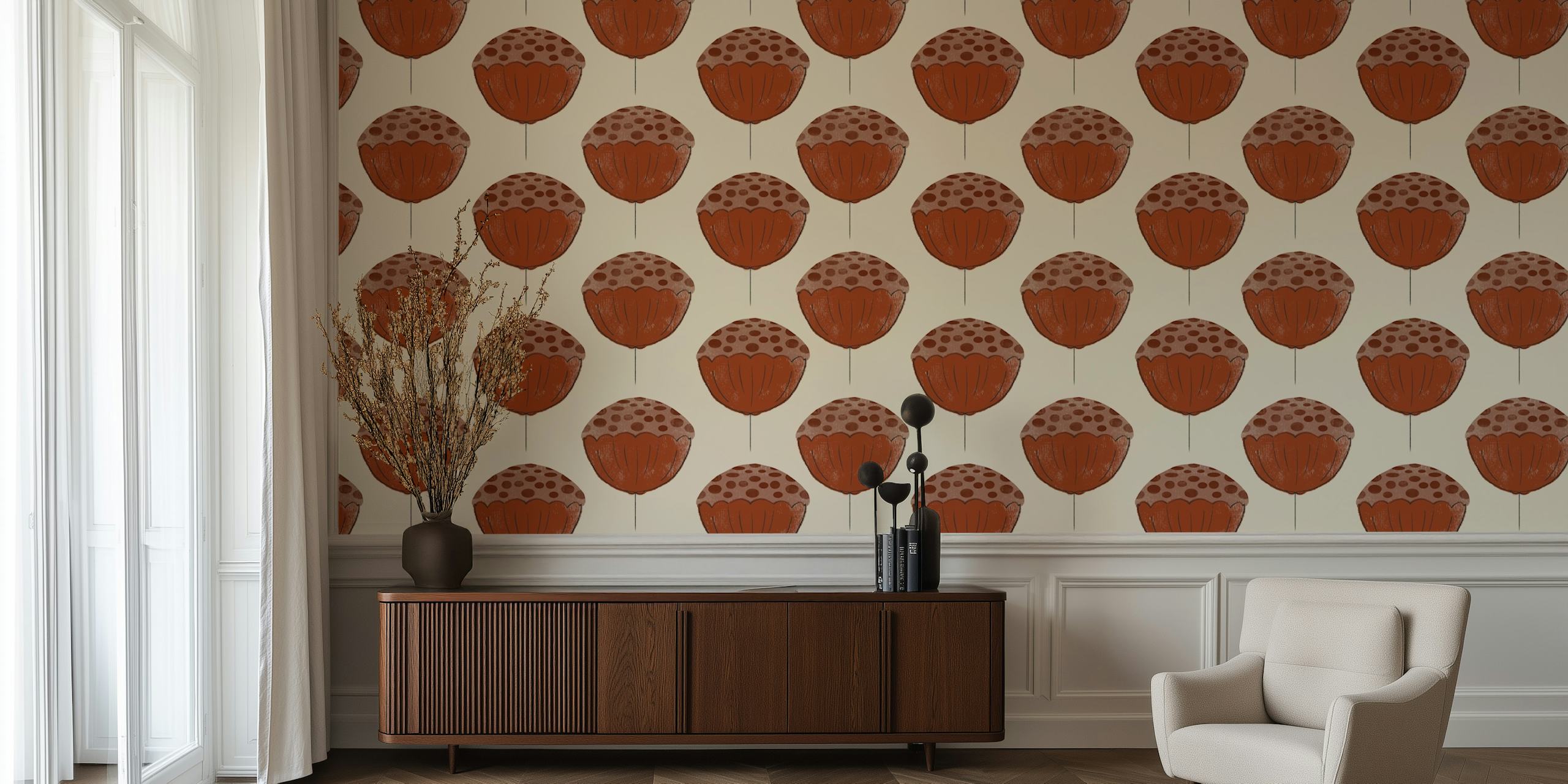 Mid Century Flower Brown wallpaper displayed in a room
