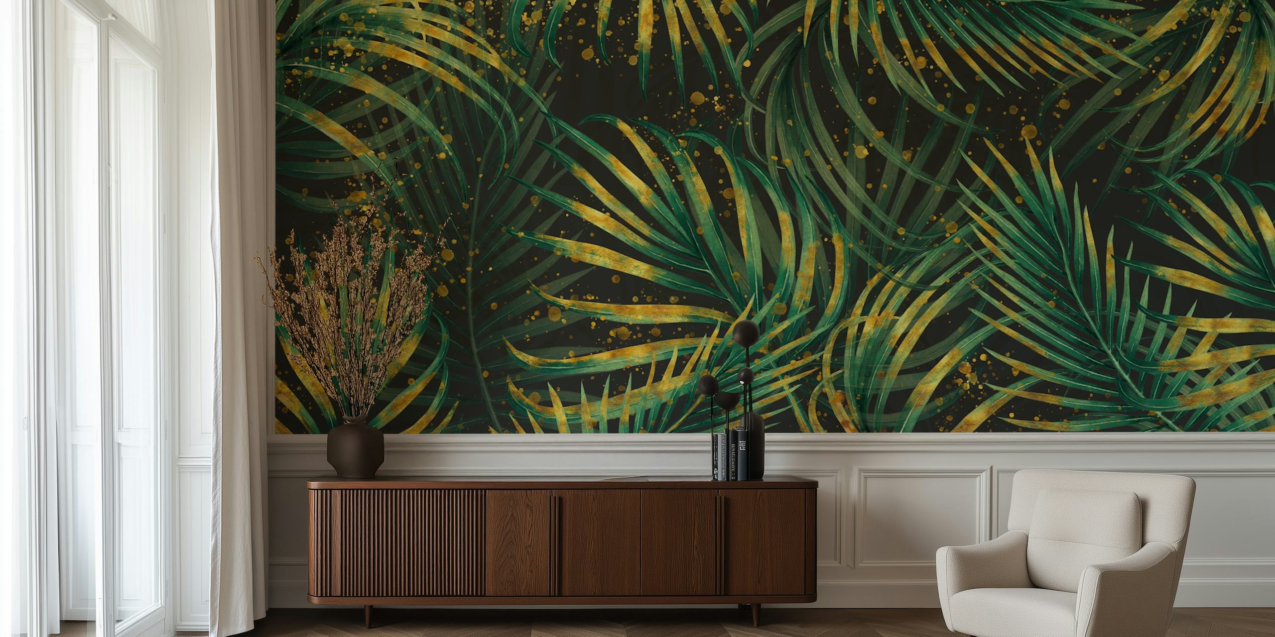 Green tropical palm leaves on black background wallpaper