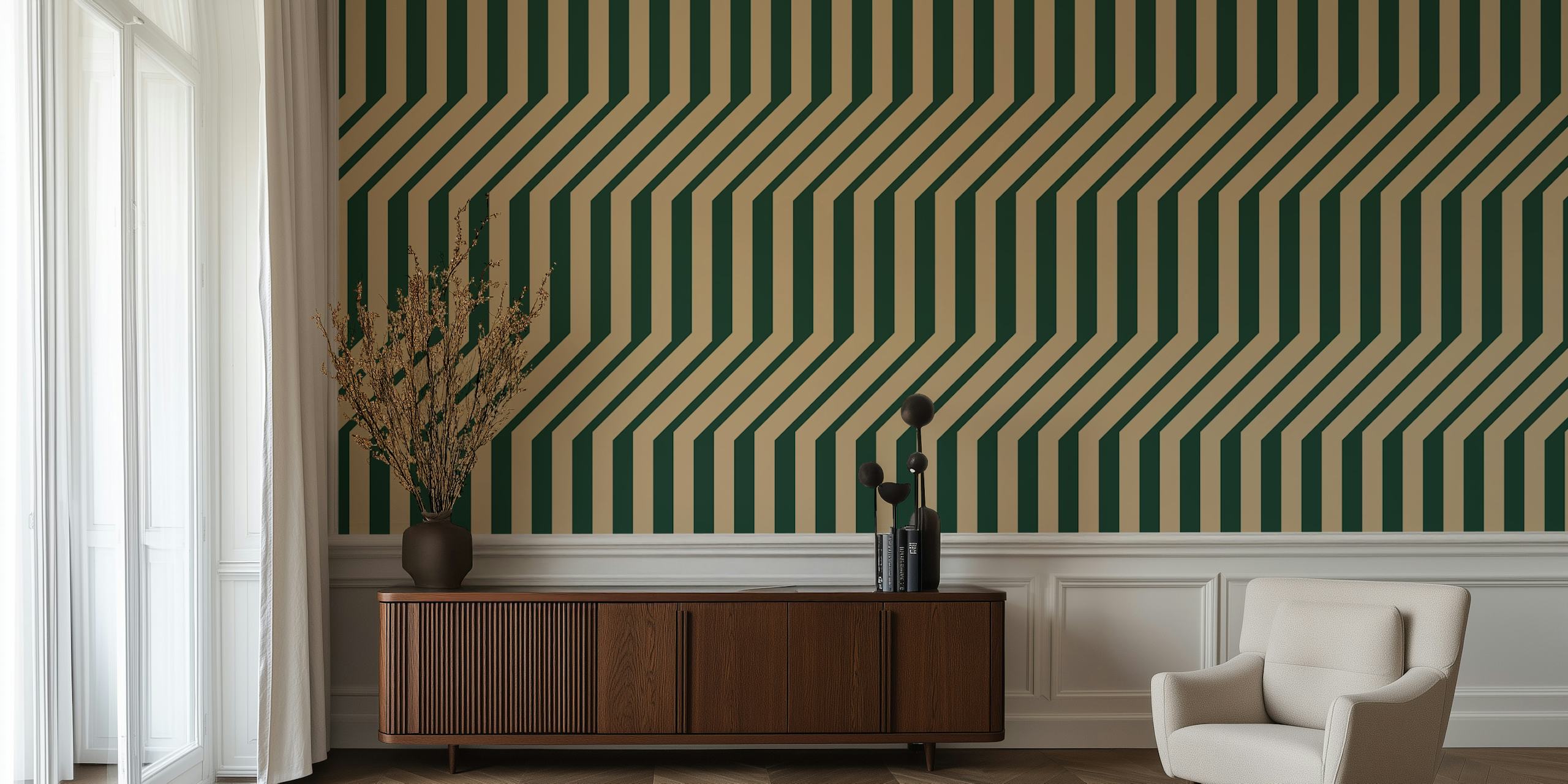 Papier peint Stripes Mid Century Green dans une pièce