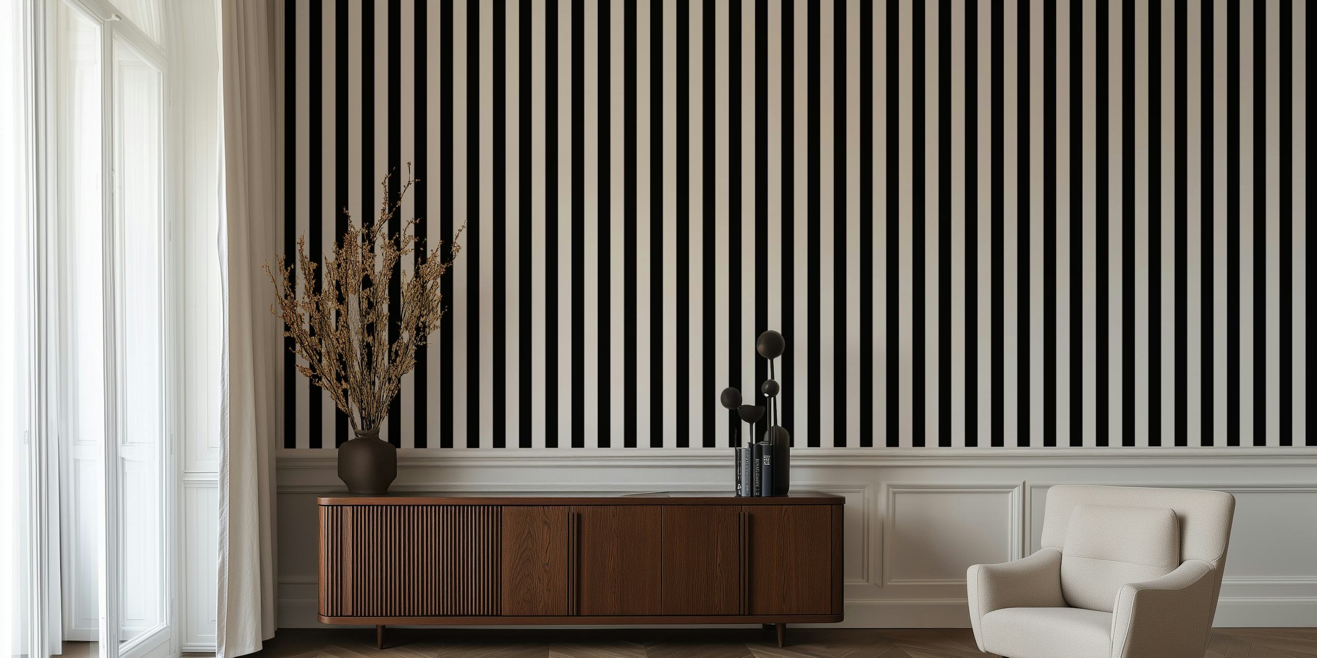 Scandinavian black striped wallpaper in a room