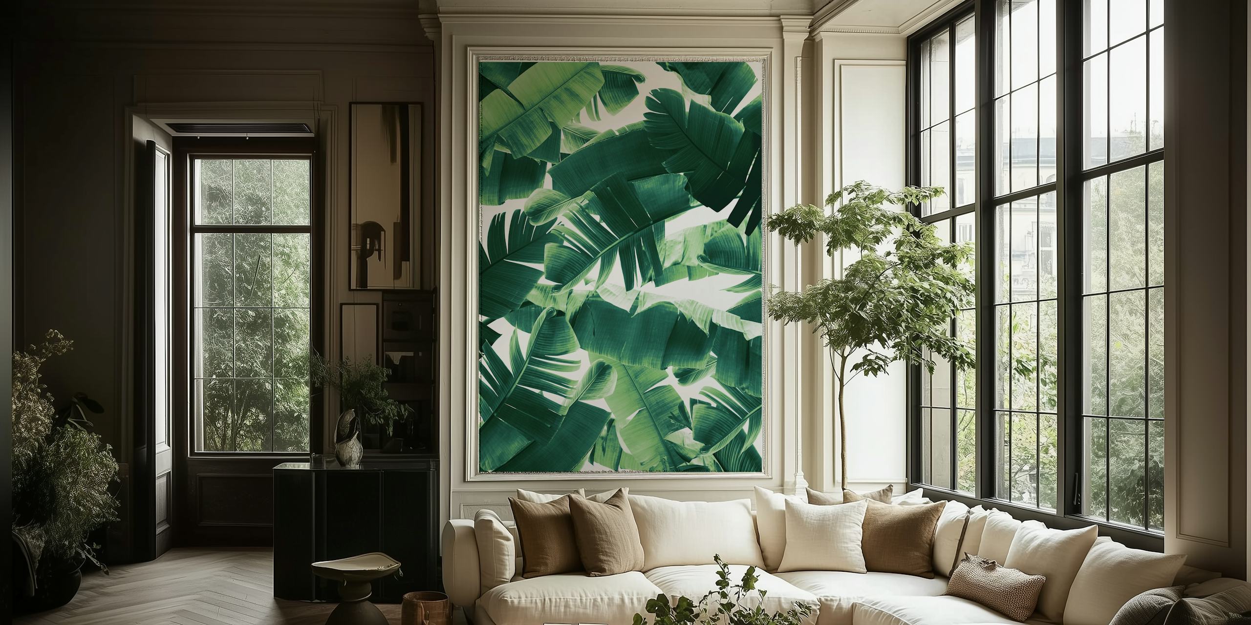 Tropical banana leaves in various shades of green wallpaper