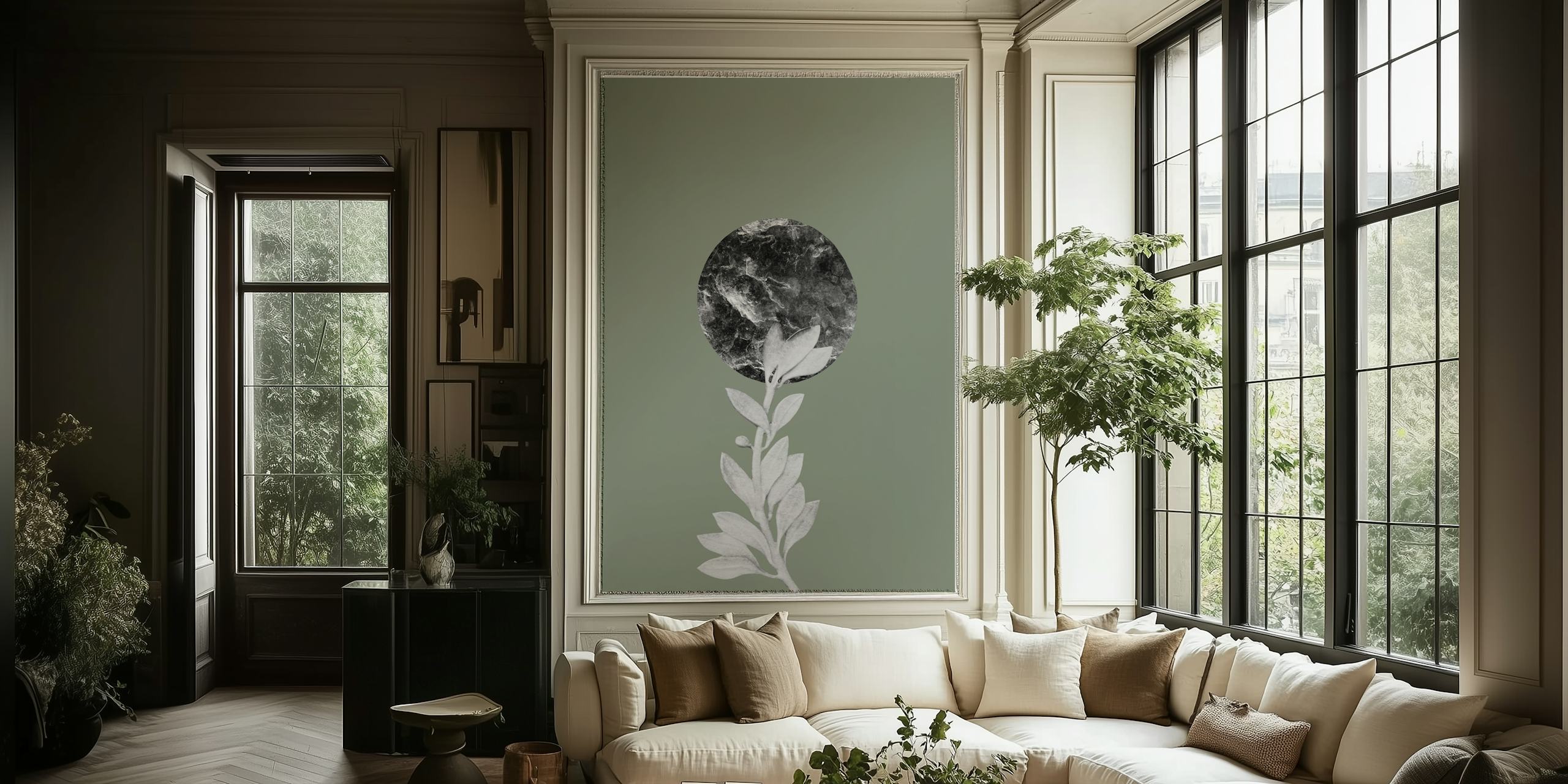 Marble leaf design with green background and gray circular element wallpaper