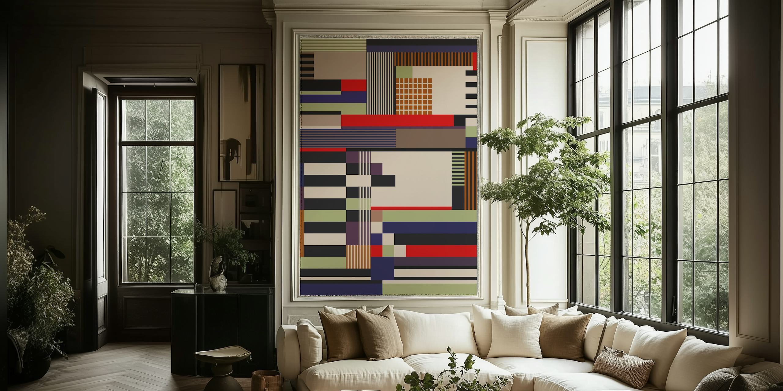 Colorful geometric pattern in shades of blue, red, green, and beige wallpaper