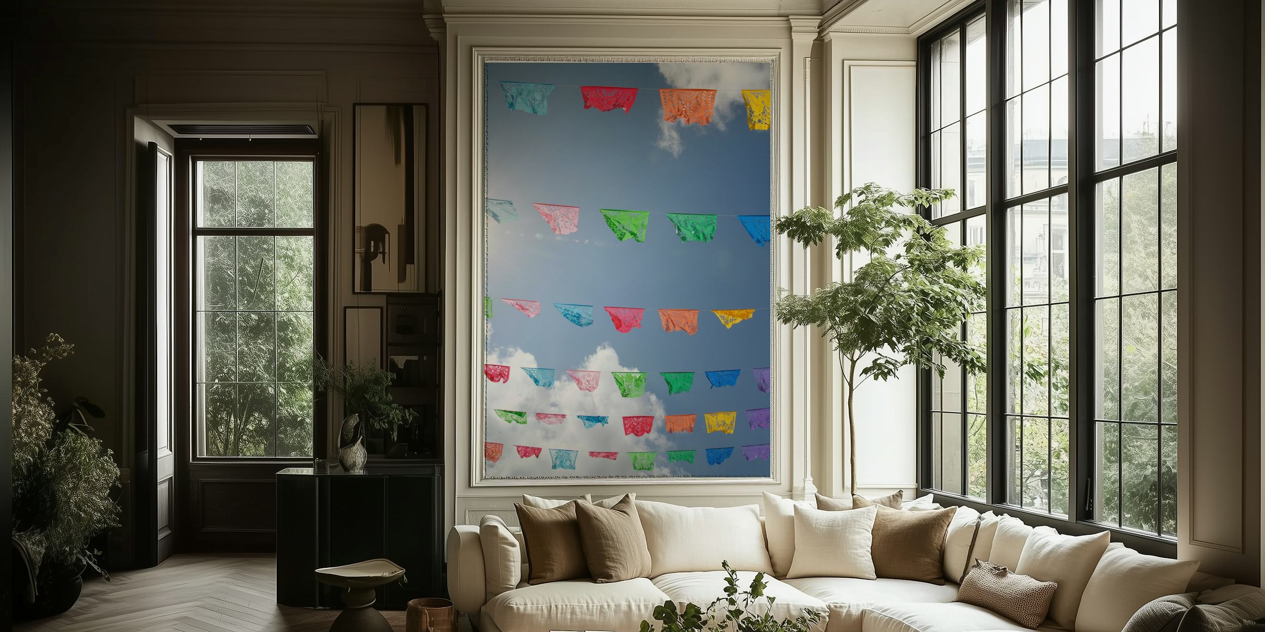Colorful Papel Picado banners against a blue sky in a wall mural