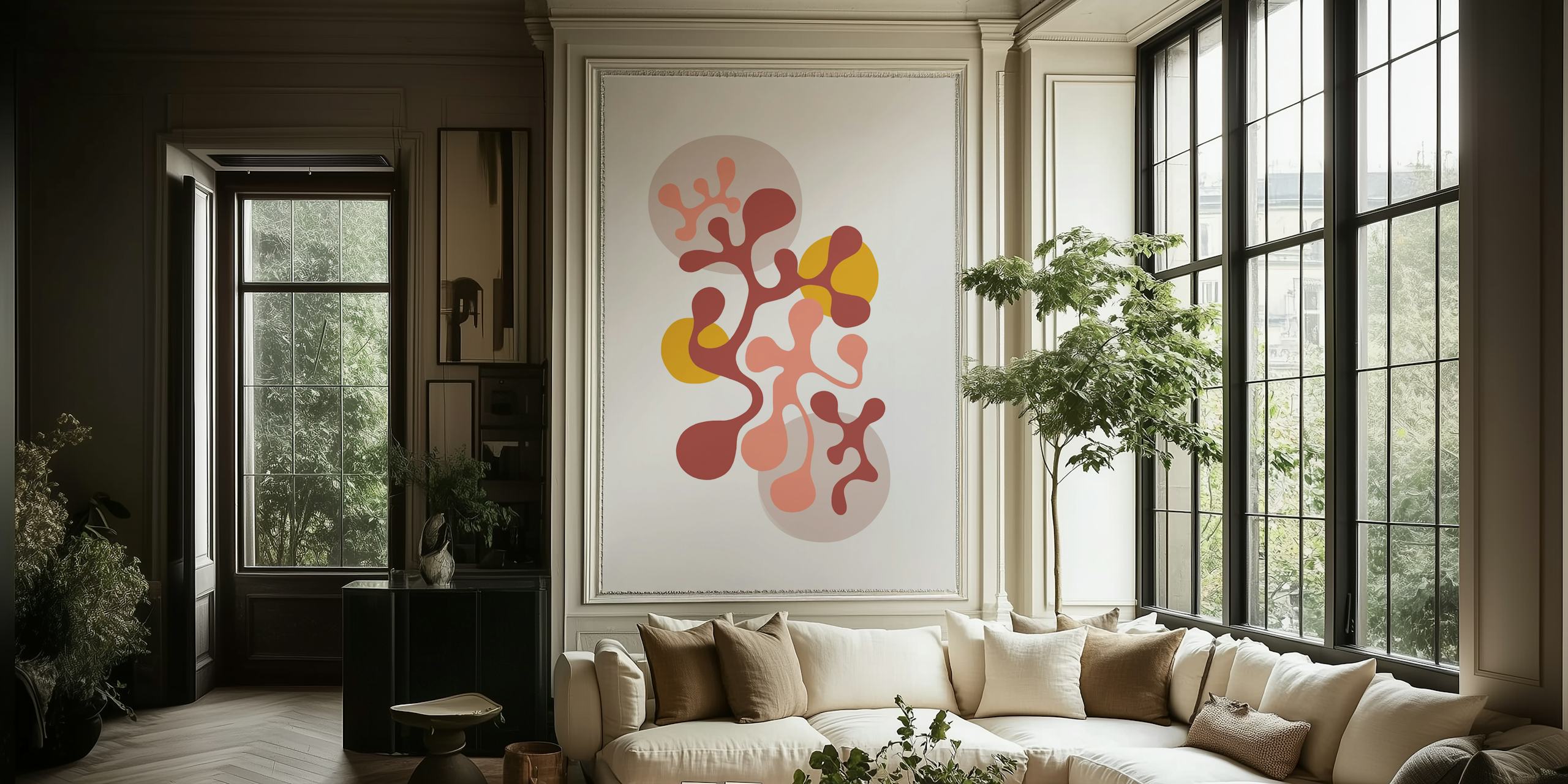 Tapeta z lat siedemdziesiątych z abstrakcyjnymi skręconymi kształtami w retro kolorach