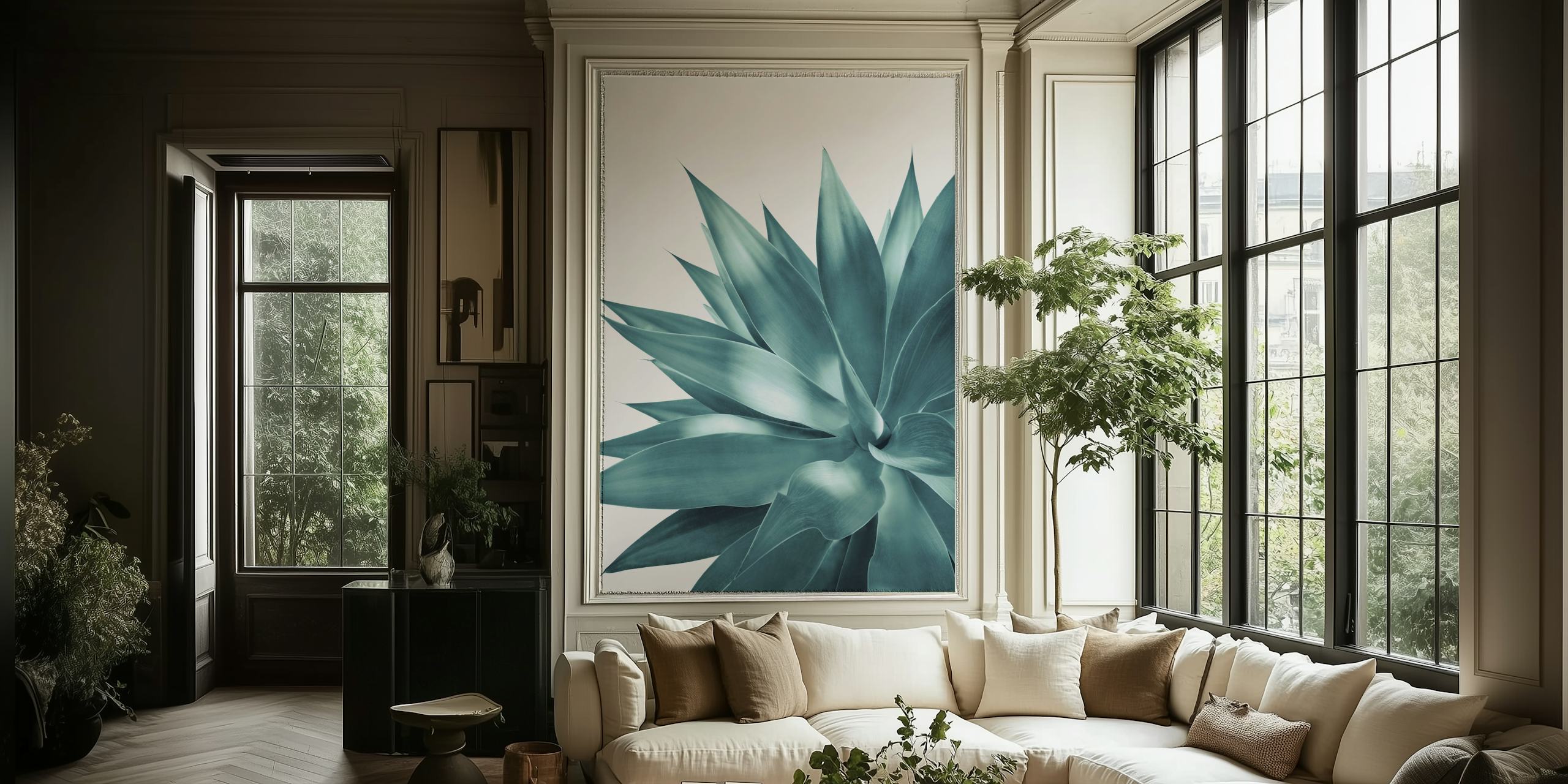 Papier peint de feuilles d'agave élégamment détaillées dans des tons bleus monochromes