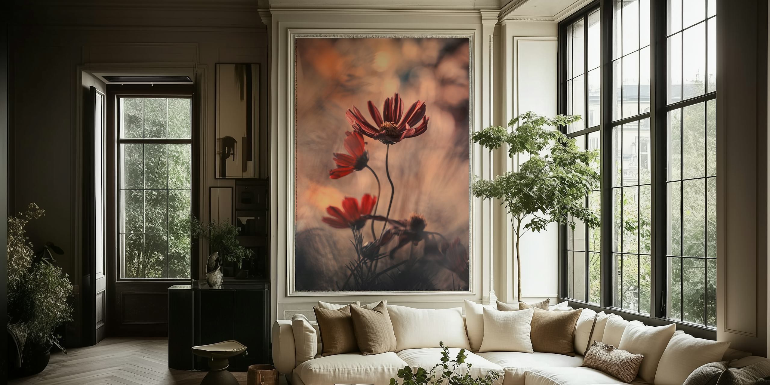 Delicate brown flowers on a blurred beige background wallpaper