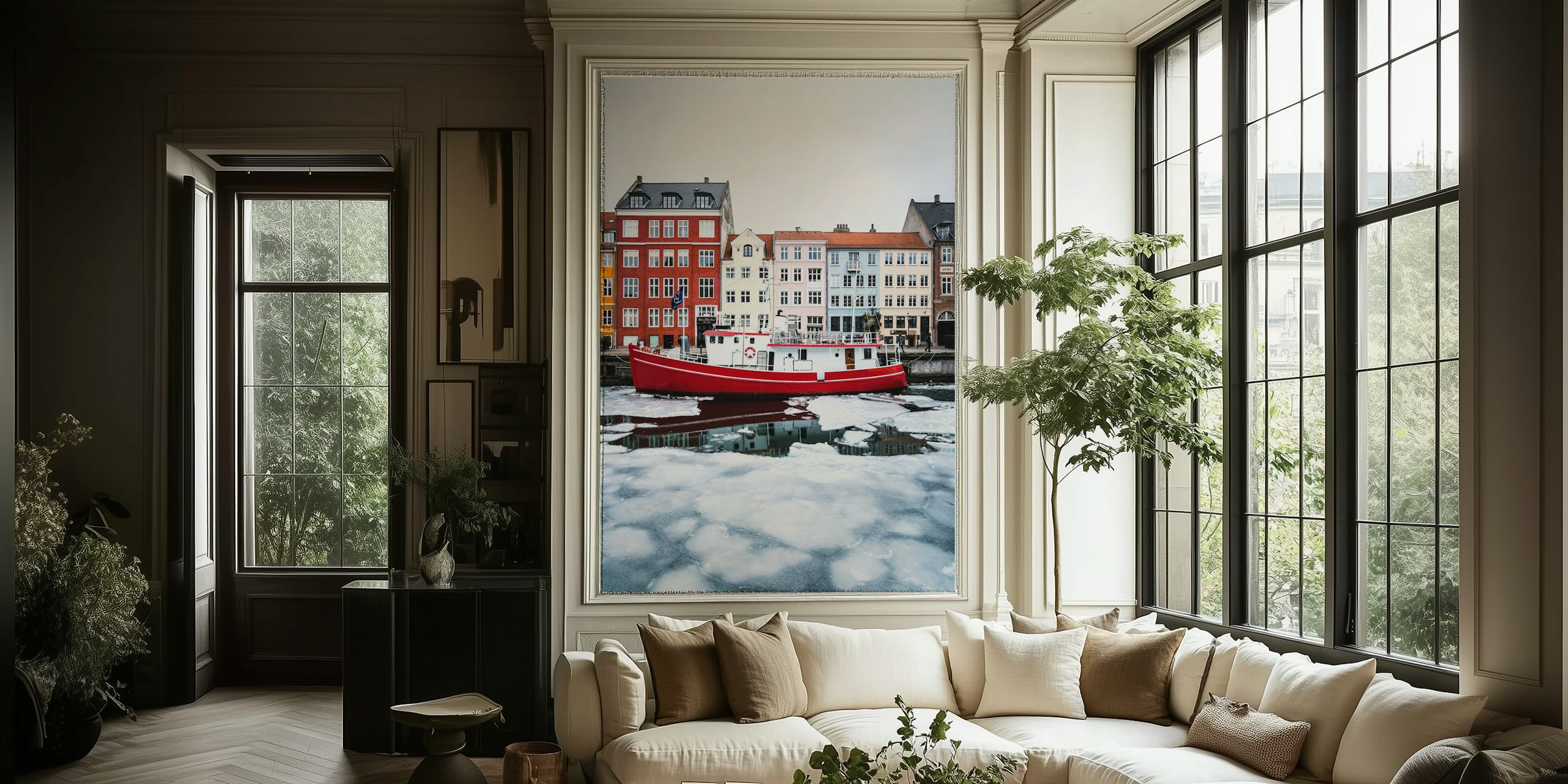 Colorful buildings and a red boat in icy waters wallpaper