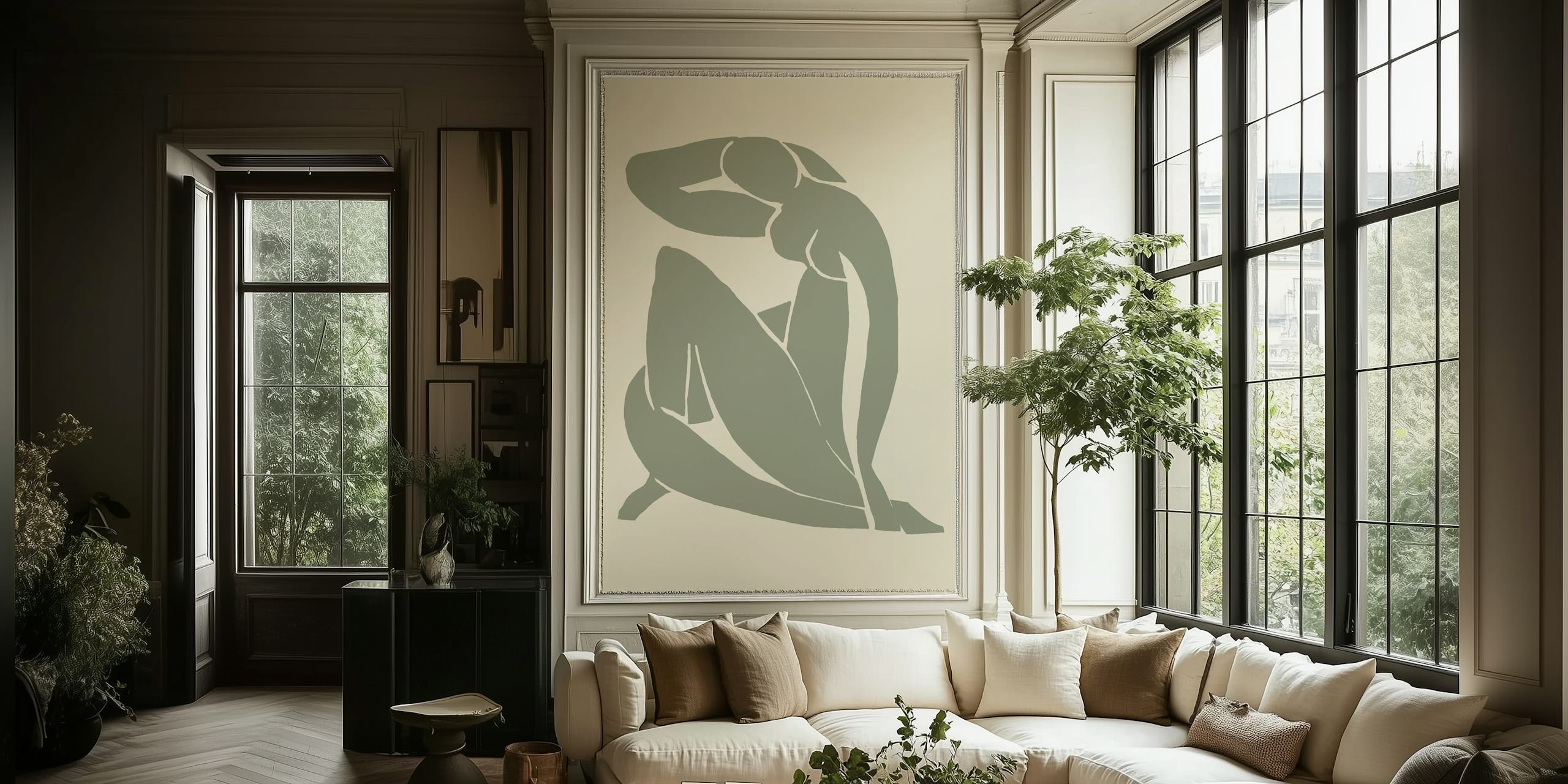 Groene Nude Matisse Style muurschildering met elegant silhouet