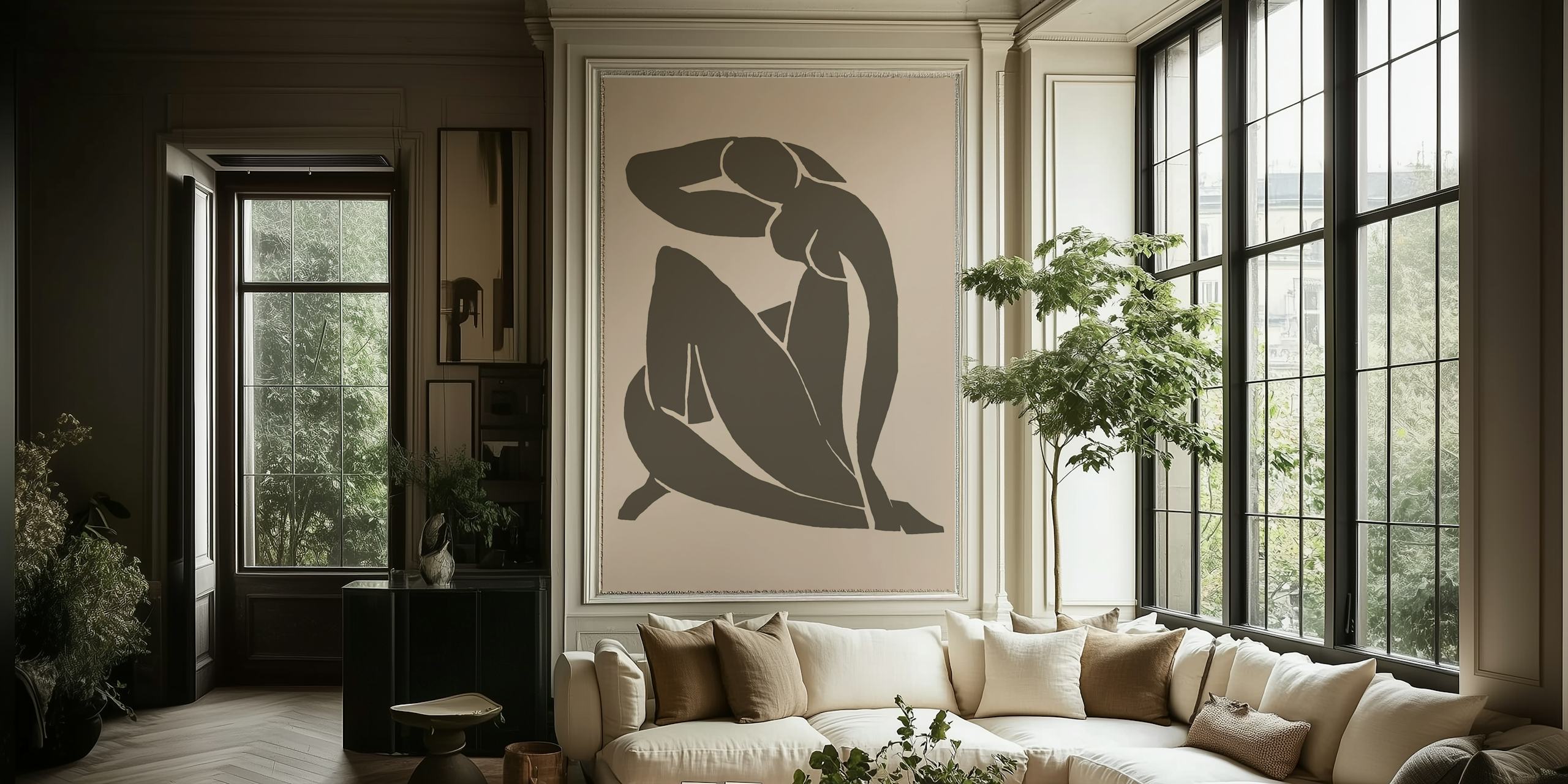 Beige nude silhouet muurschildering geïnspireerd op de minimalistische stijl van Matisse