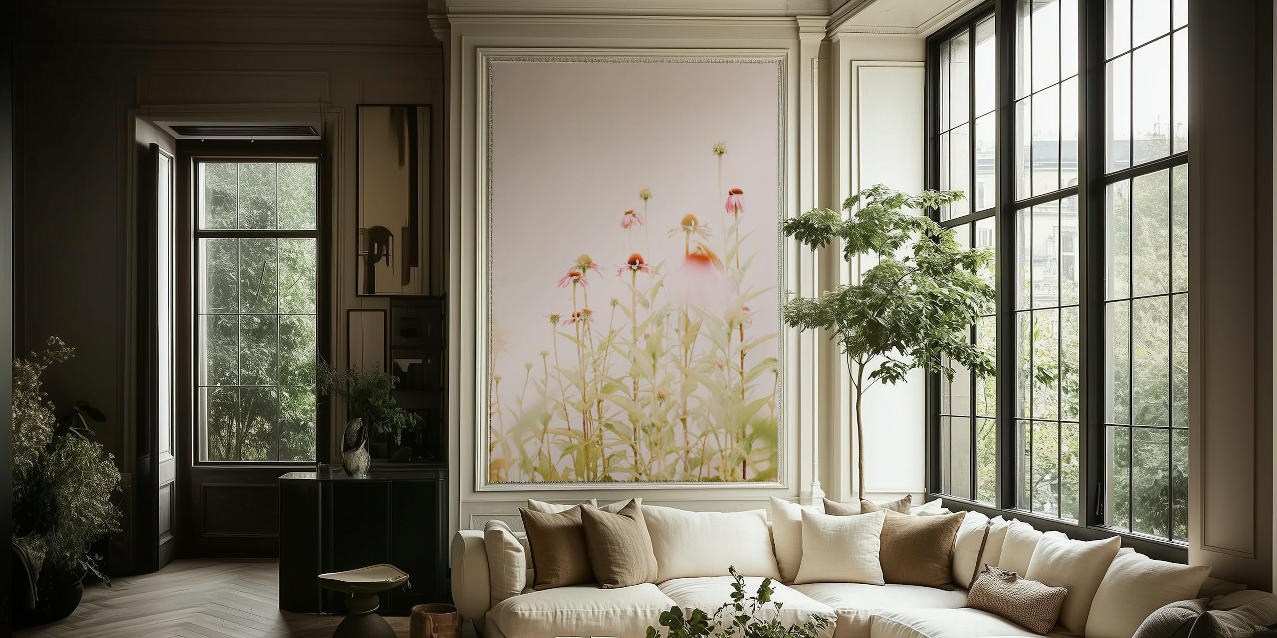 Echinacea flowers in soft pink hues with green leaves wallpaper