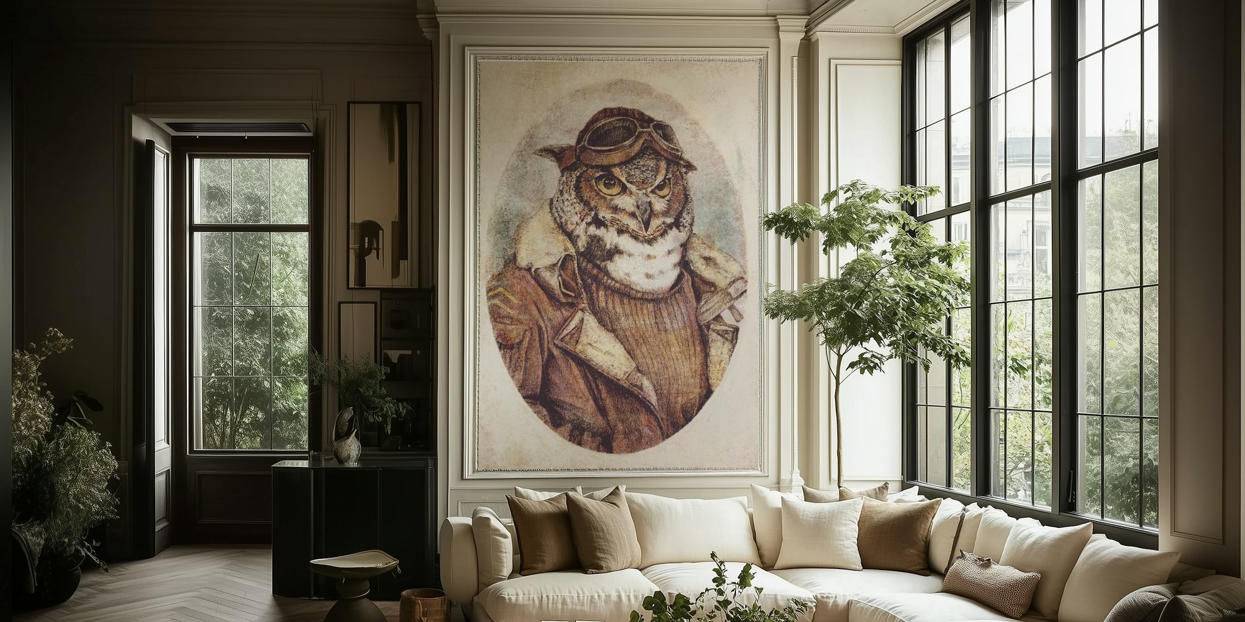 Owl in aviator gear wallpaper in a room