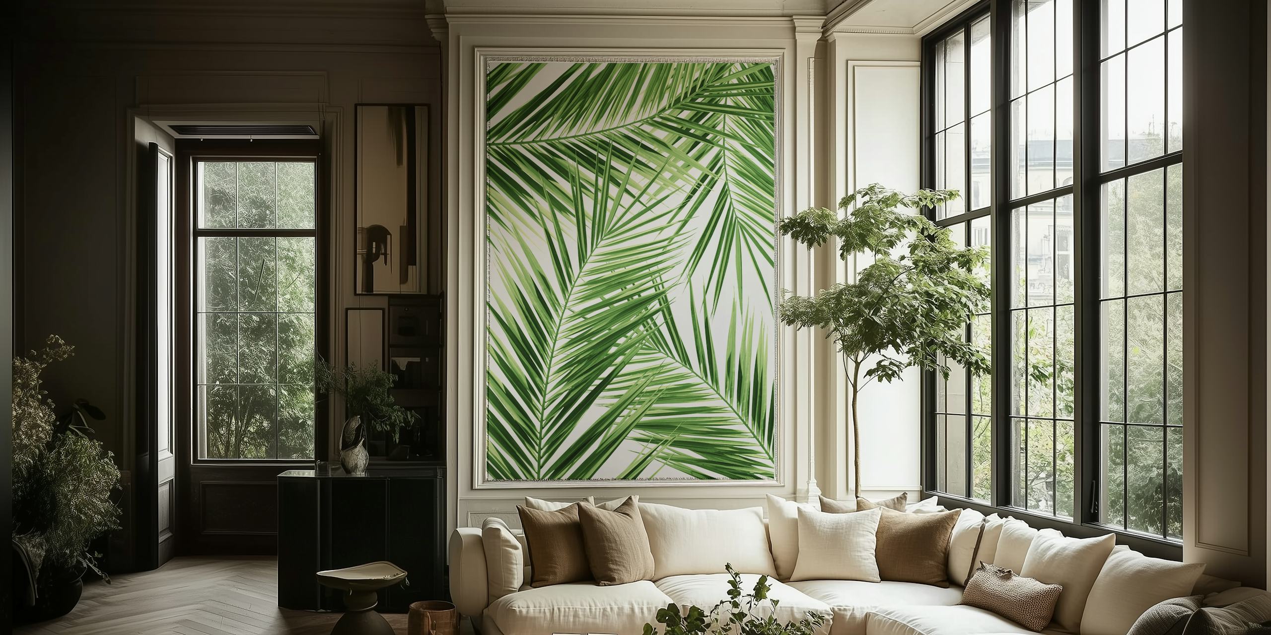 Tropical palm leaves in green tones on white background wallpaper