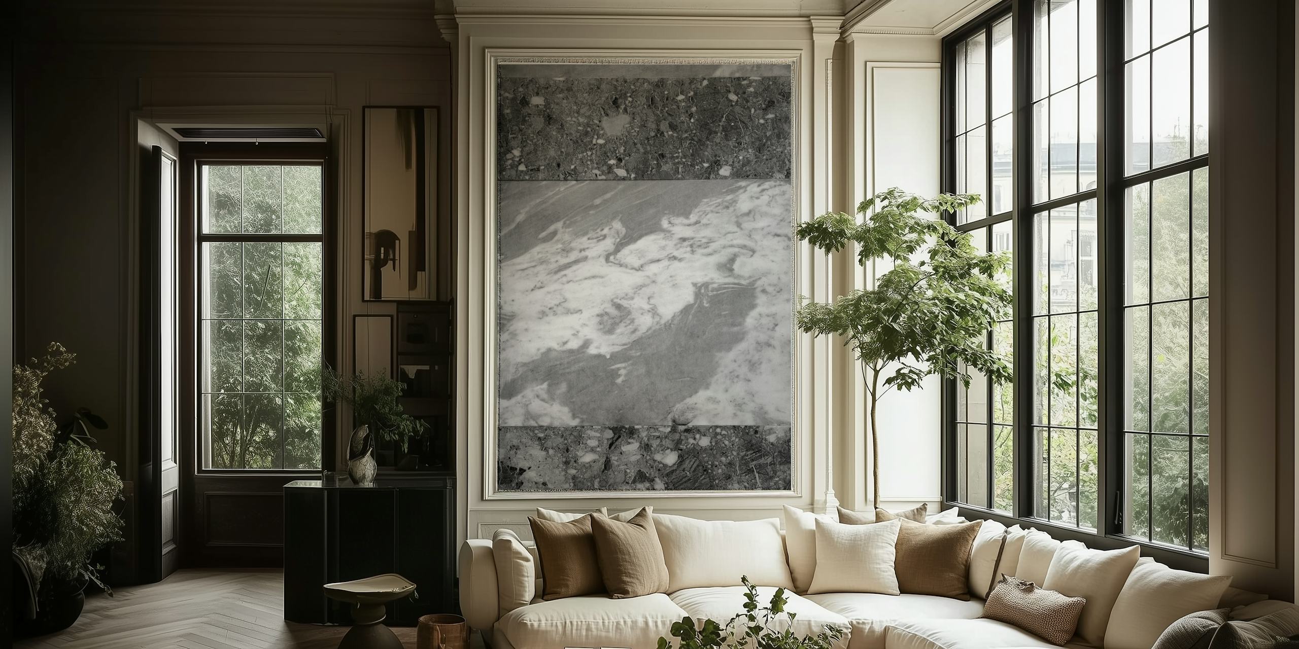 Elegant svart og hvit marmorstripe veggmaleri for hjemmeinnredning