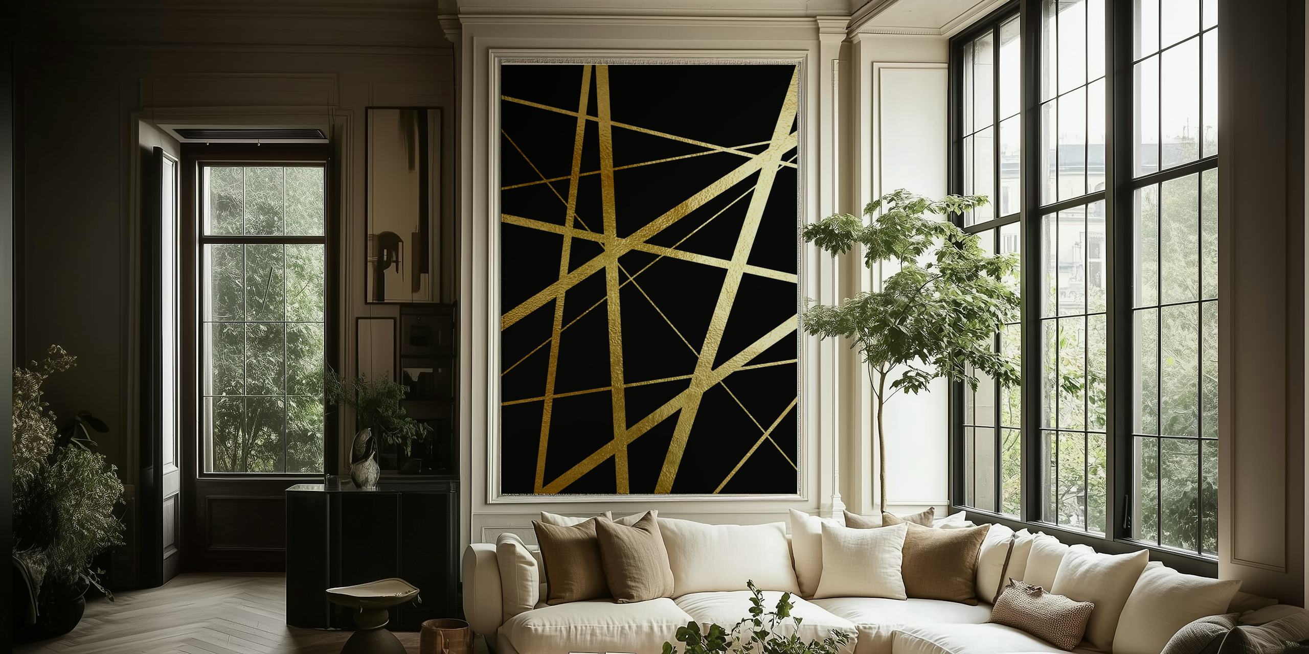 Geometriska linjer Guld Svart tapet