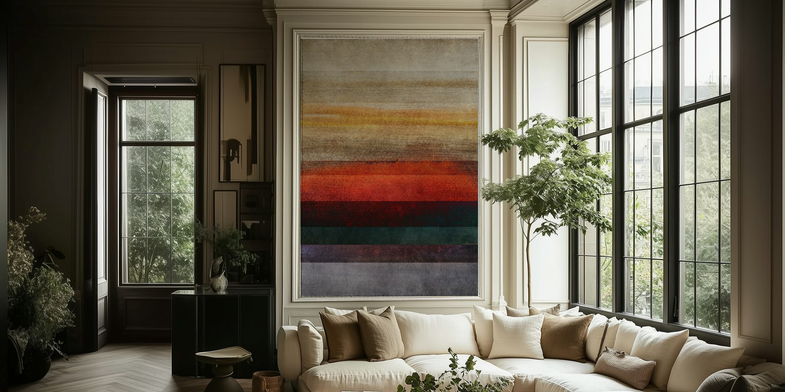 Abstract wallpaper with horizontal stripes in various colors including orange, green, and gray.