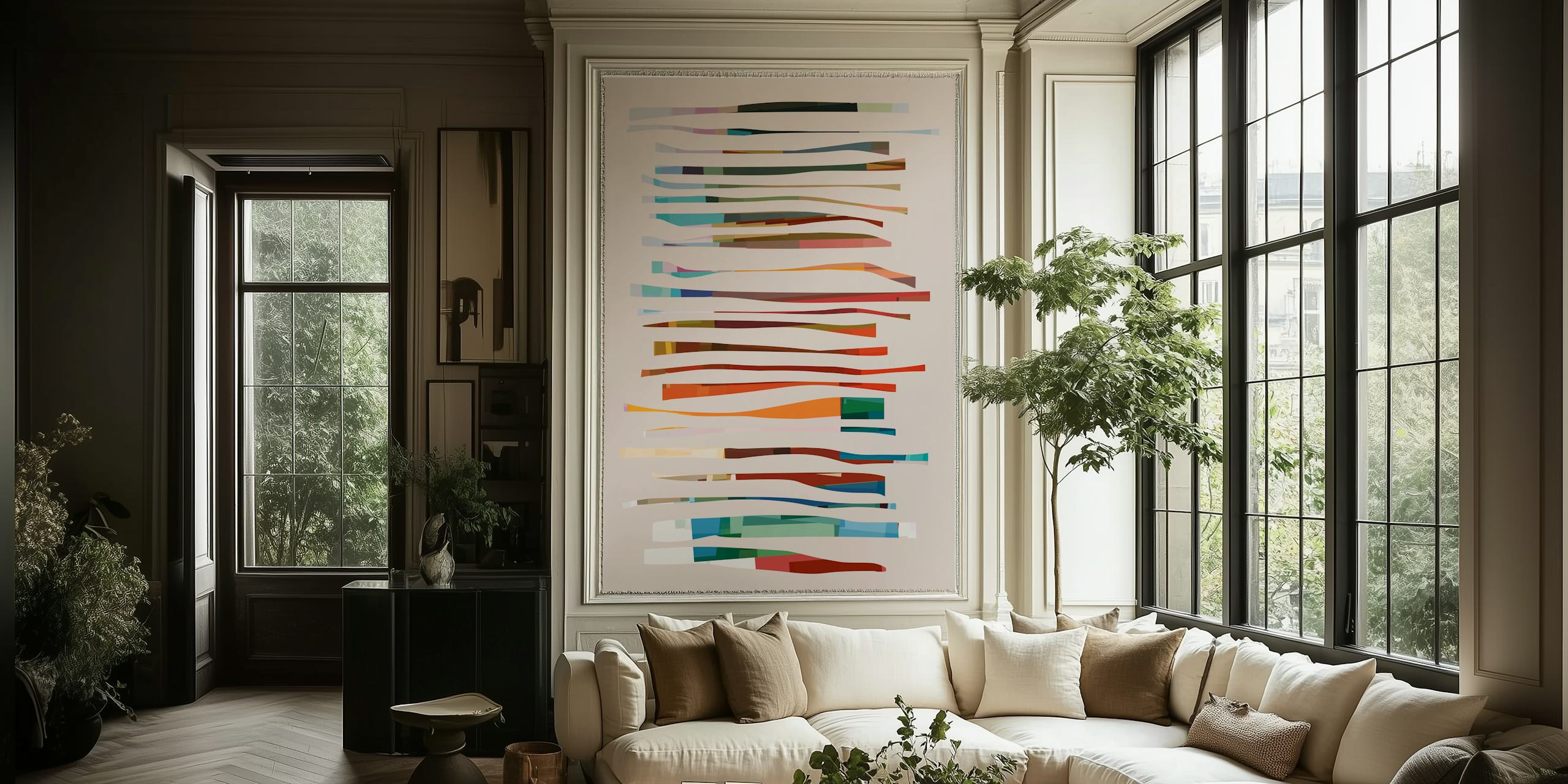 Colorful abstract striped wallpaper with wavy lines in various hues.