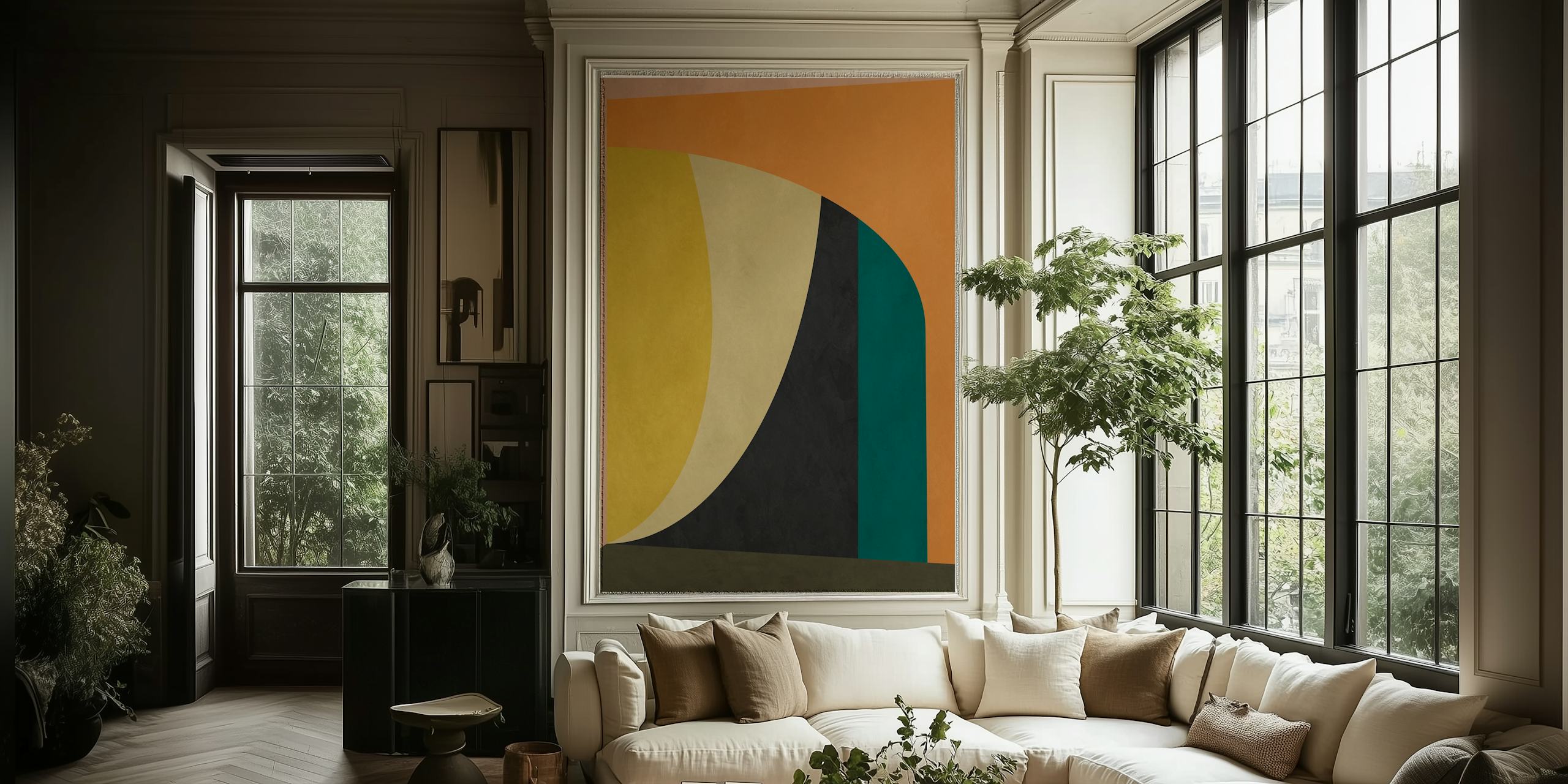Geometric wallpaper design with bold colors: yellow, black, teal, and orange