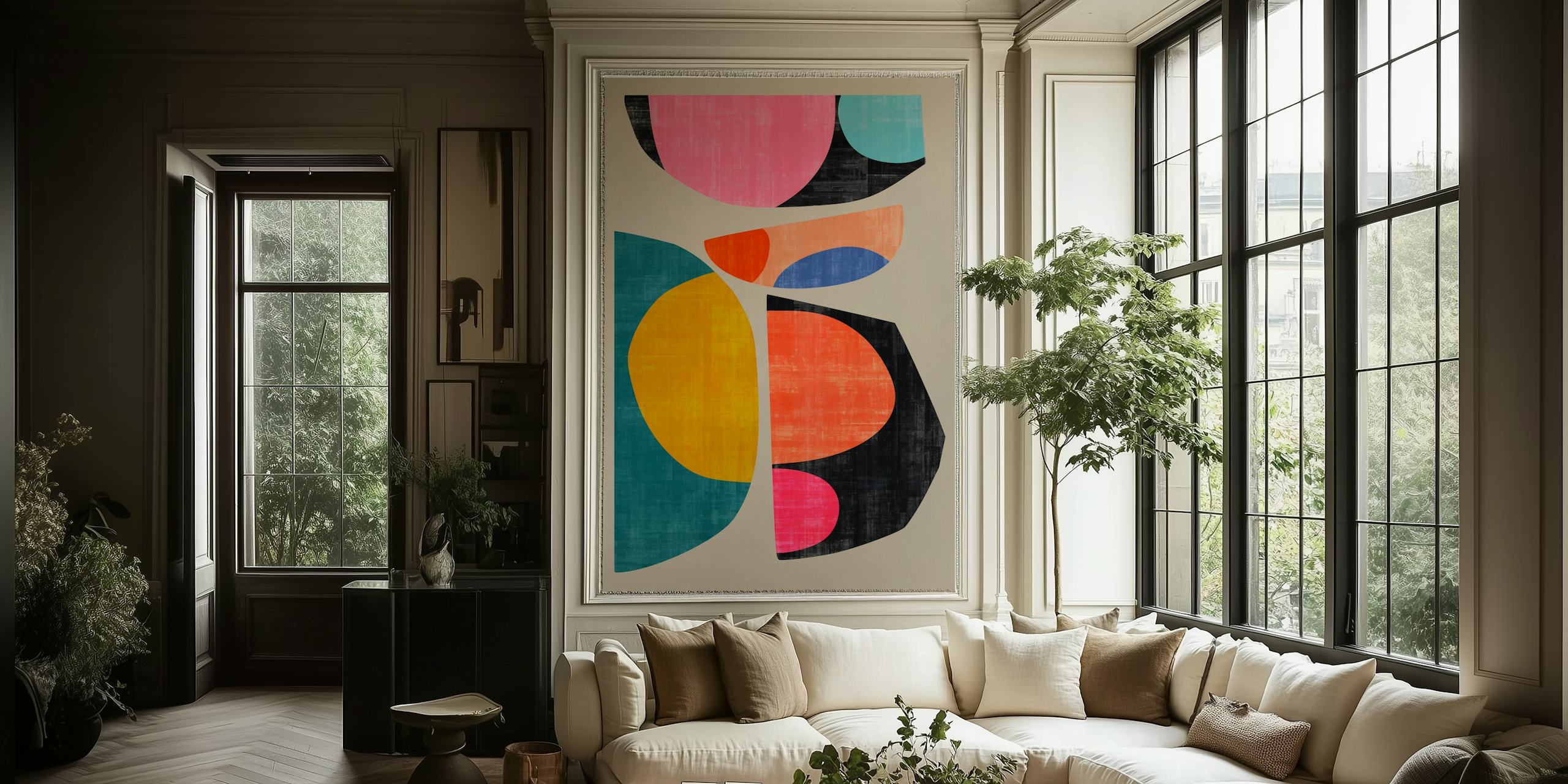 Colorful abstract shapes in pink, black, blue, orange, and yellow wallpaper
