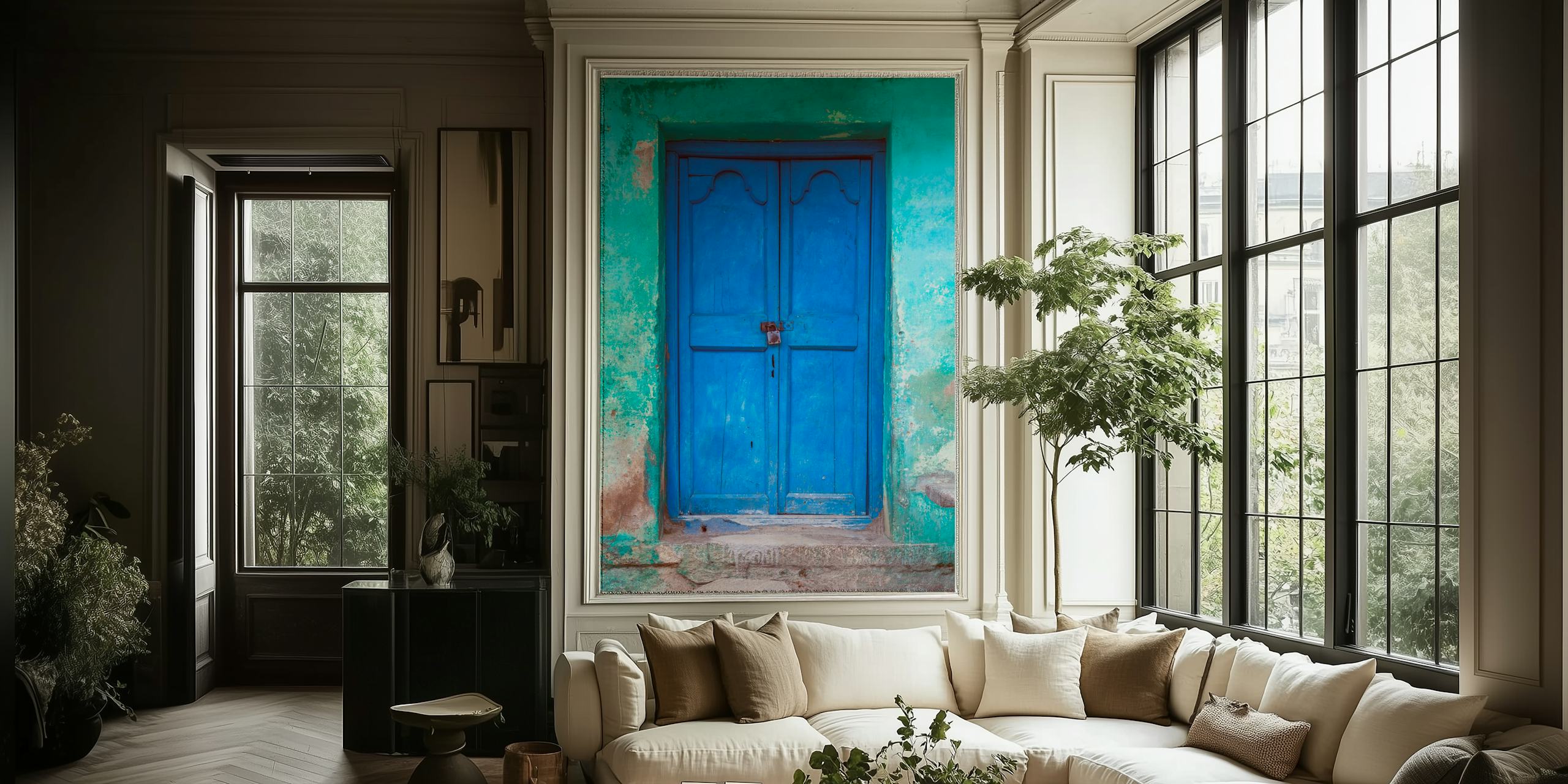 Blue rustic door with turquoise walls wallpaper