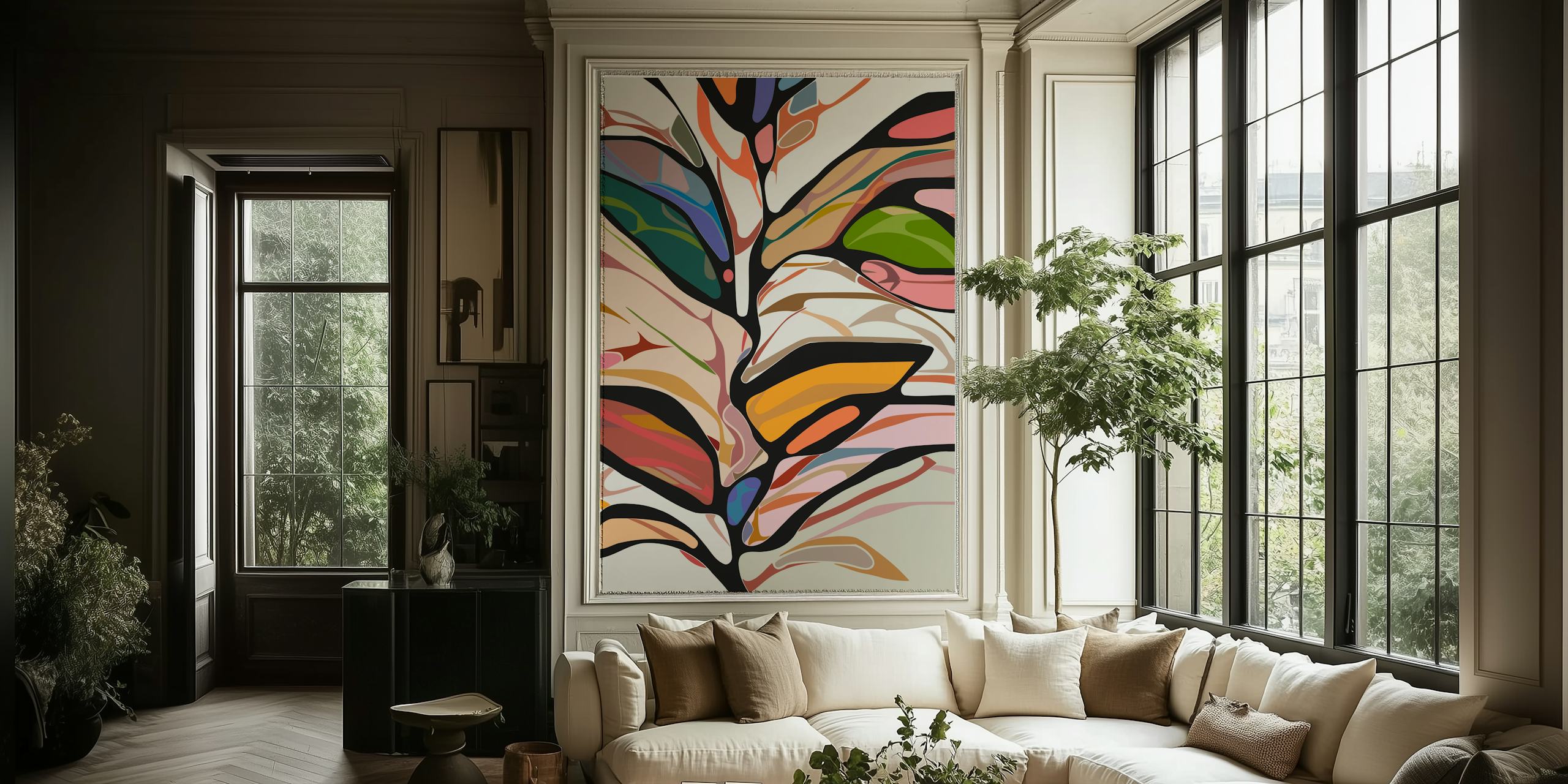 Colorful abstract leaf shapes in green, pink, and orange hues wallpaper