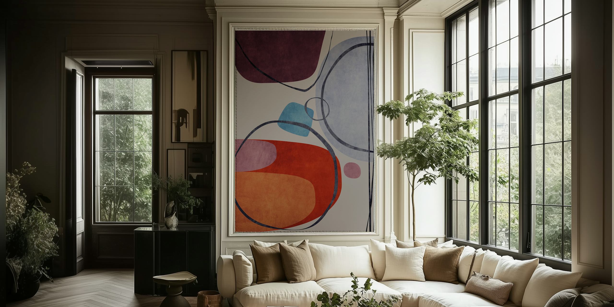Abstract wall mural with curvy shapes in burgundy, ochre, and blue