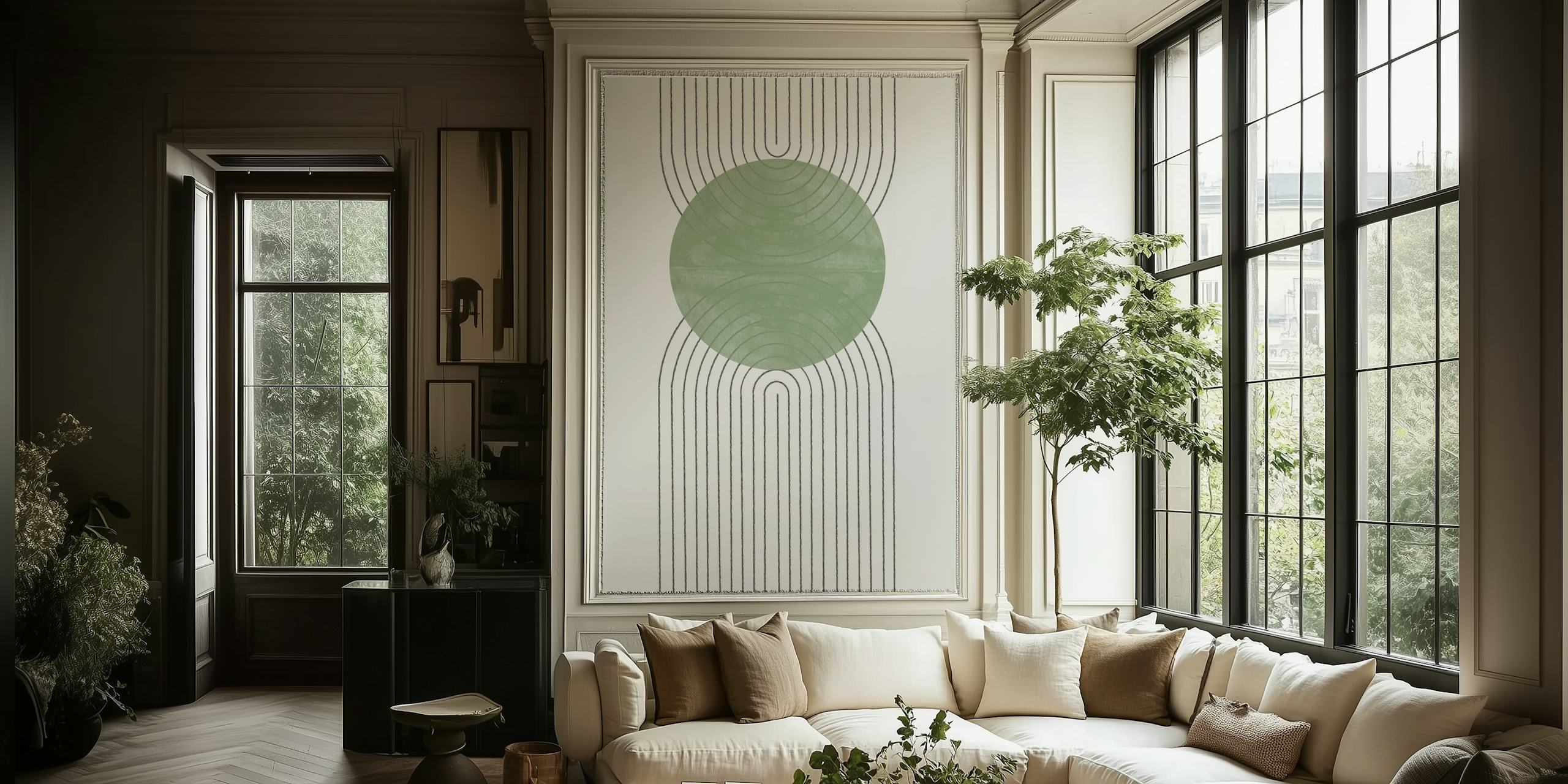Mural de parede Green Moon II com um design circular verde com linhas brancas fluidas em um fundo neutro