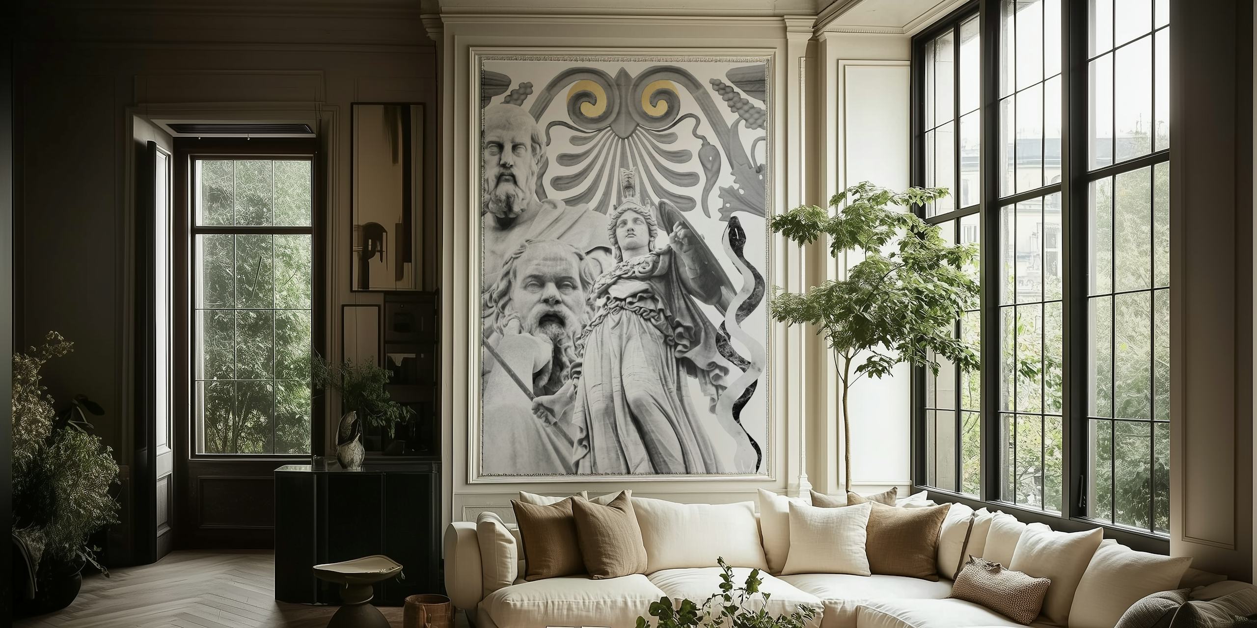 Socrates and Plato with Athena's owl themed wall mural in monochrome shades