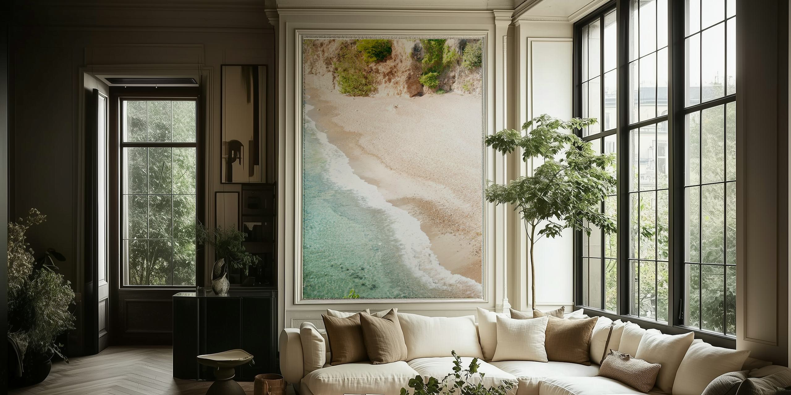 Serene ocean beach wall mural with gentle waves and sandy shore
