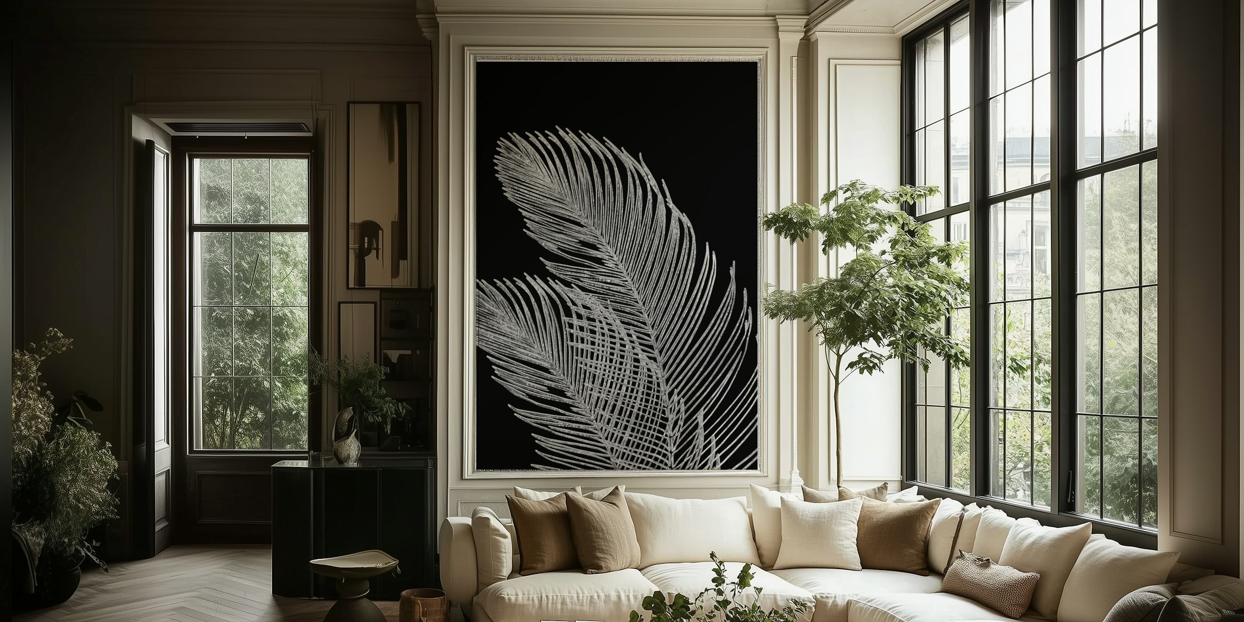 Palm leaf line art wall mural against black background