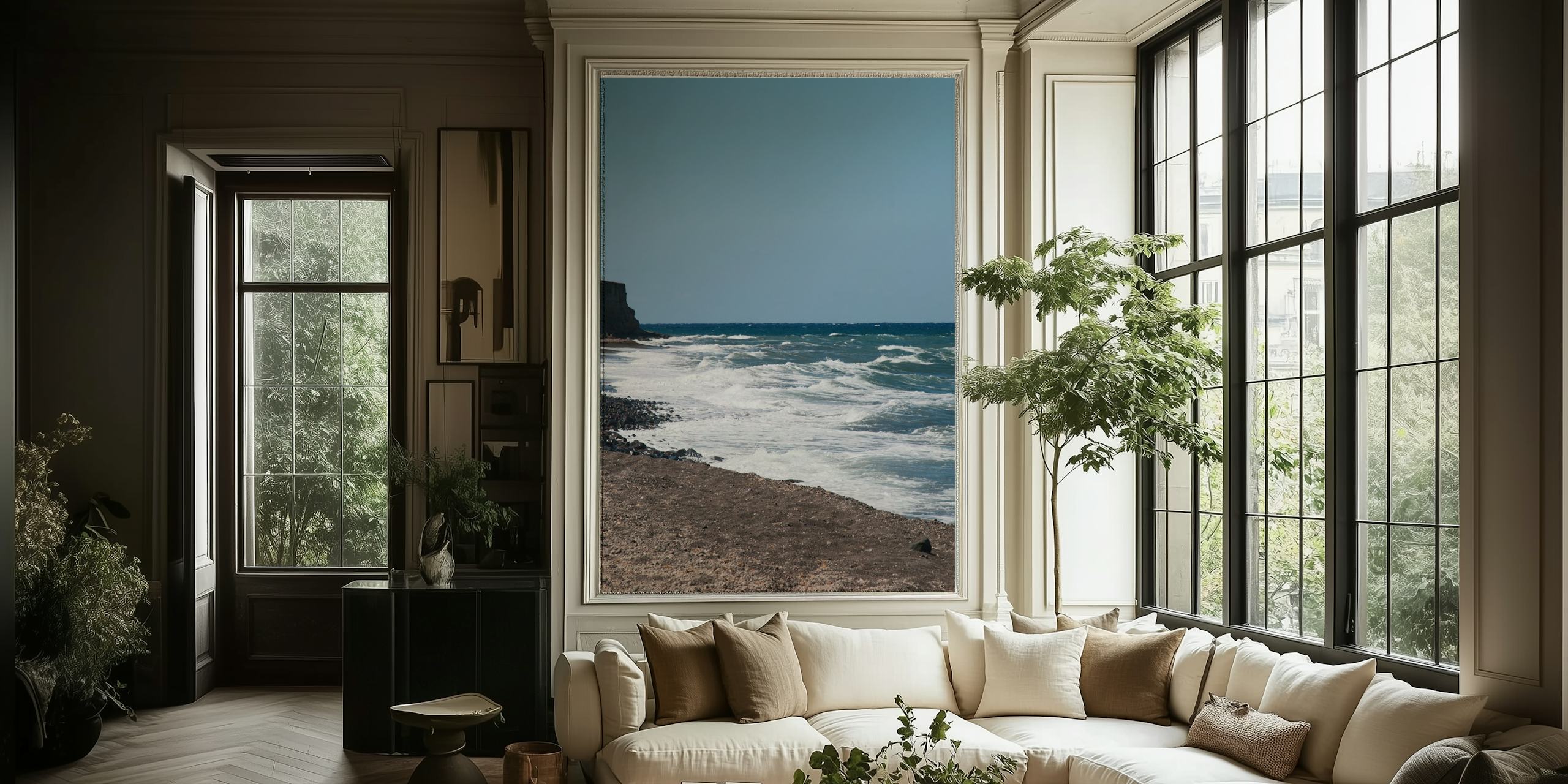 Seascape with blue ocean waves and brown rocky shore wallpaper