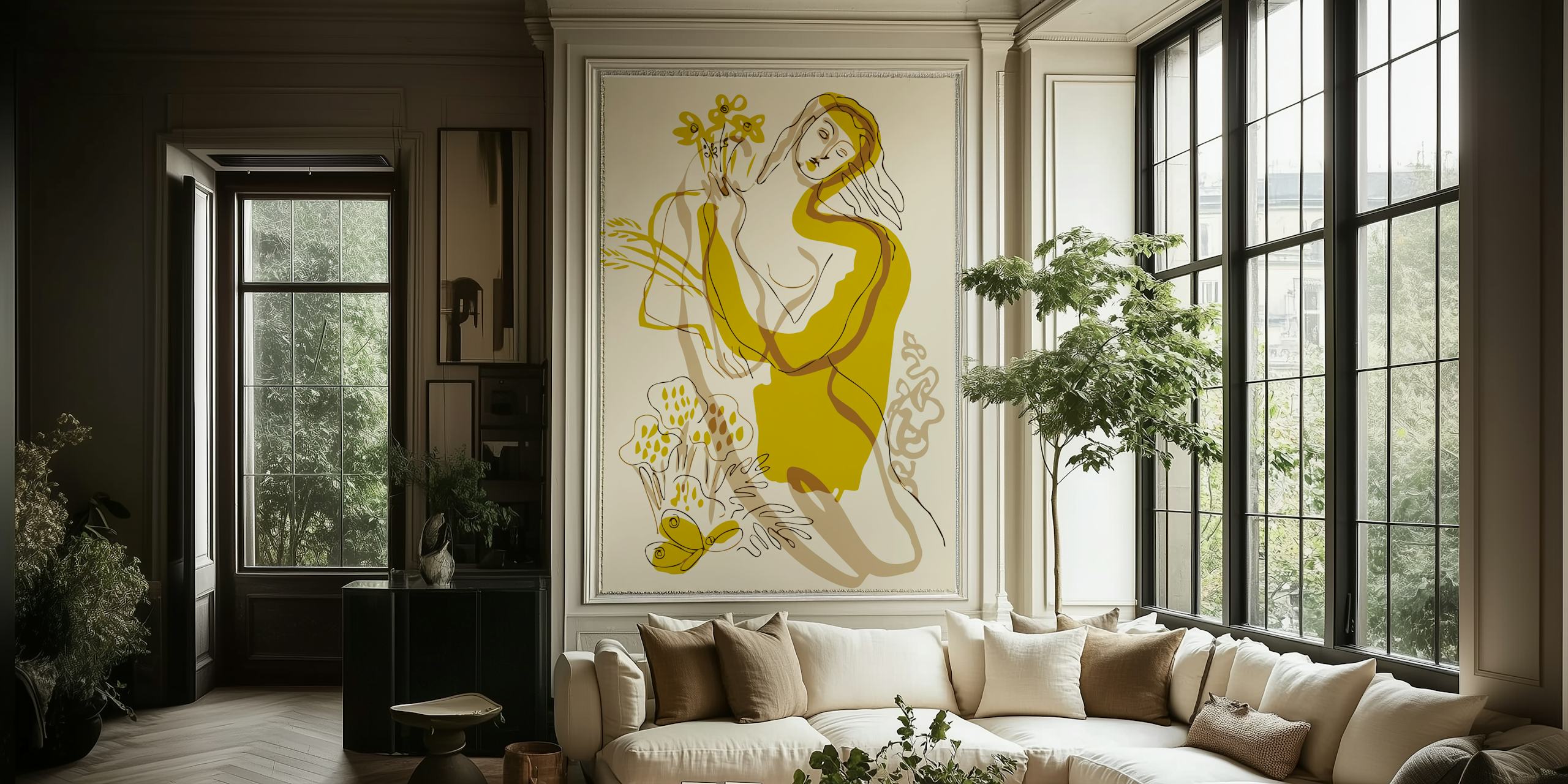 Εικονογράφηση στυλ Mid Century Woman μιας γυναίκας με κίτρινο φόρεμα μουστάρδας και λουλούδια