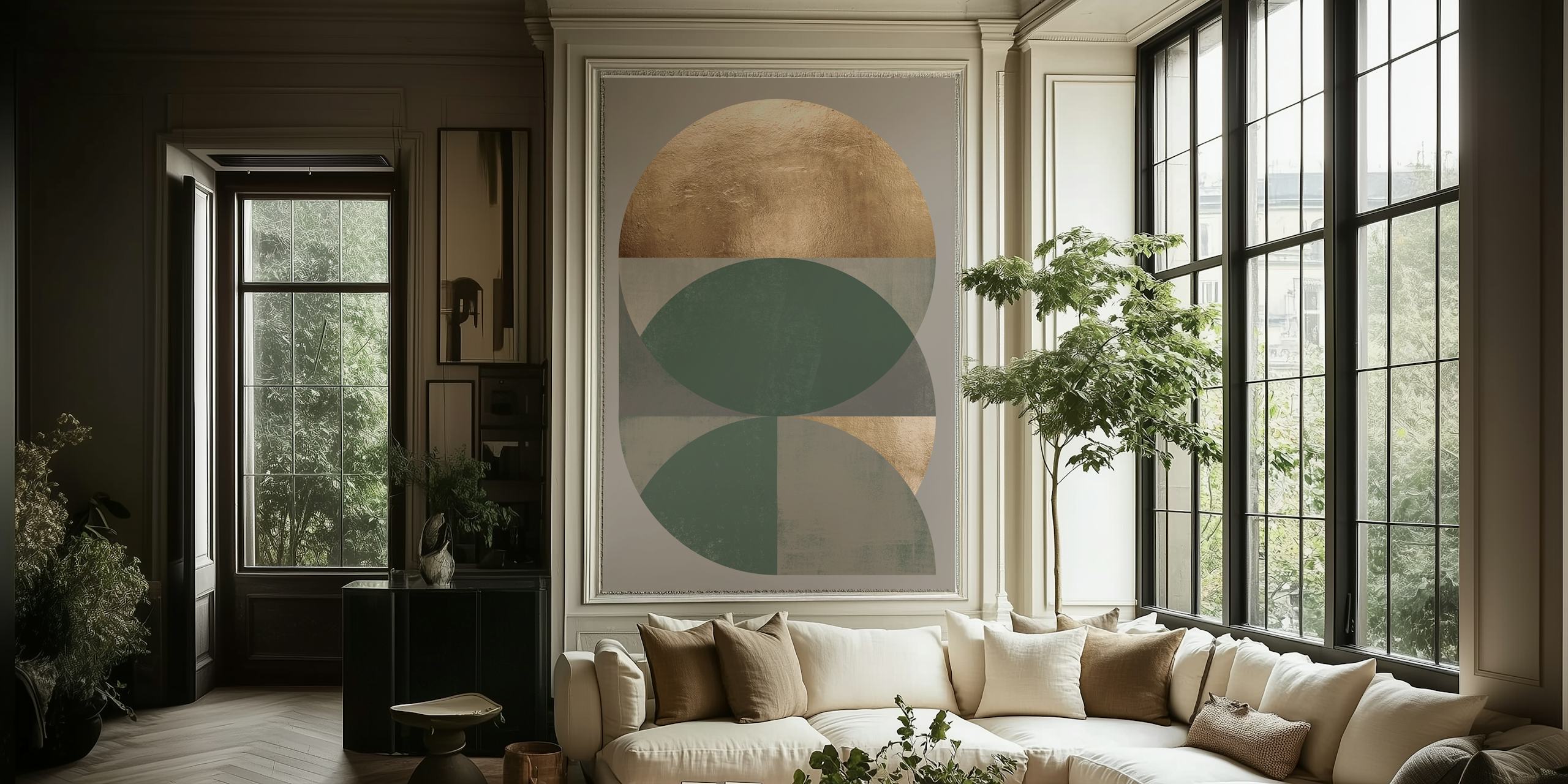 Geometric shapes in green, gray, and gold wallpaper