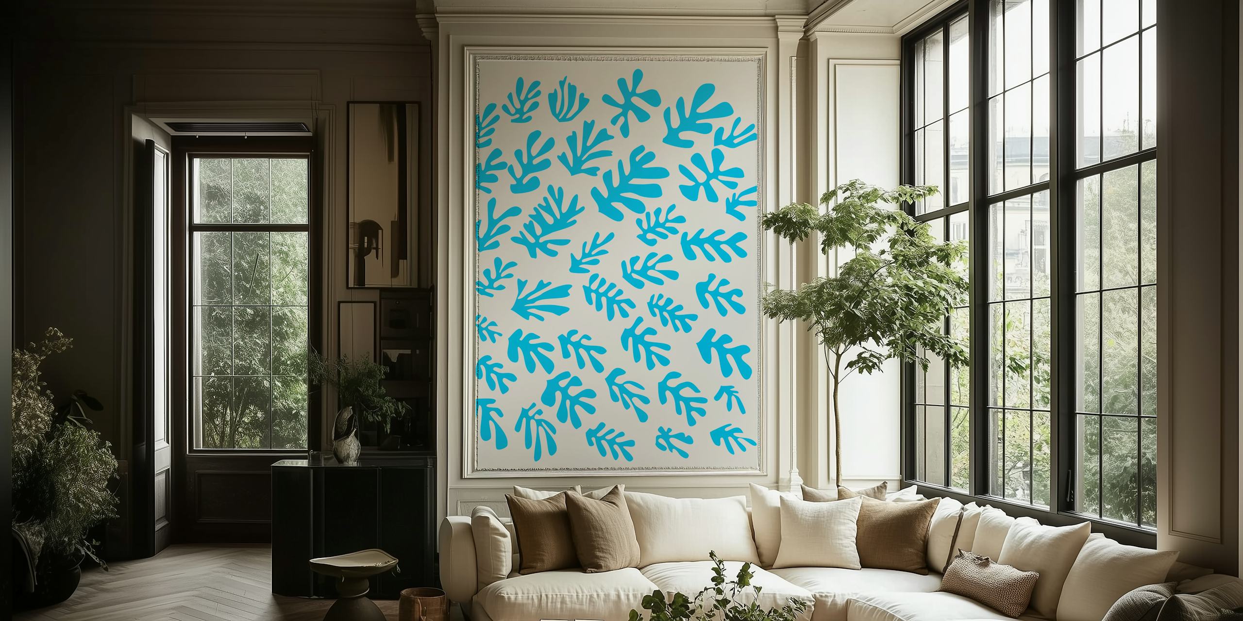 Aquablauwe bladpatronen in een op Matisse geïnspireerde designmuurschildering