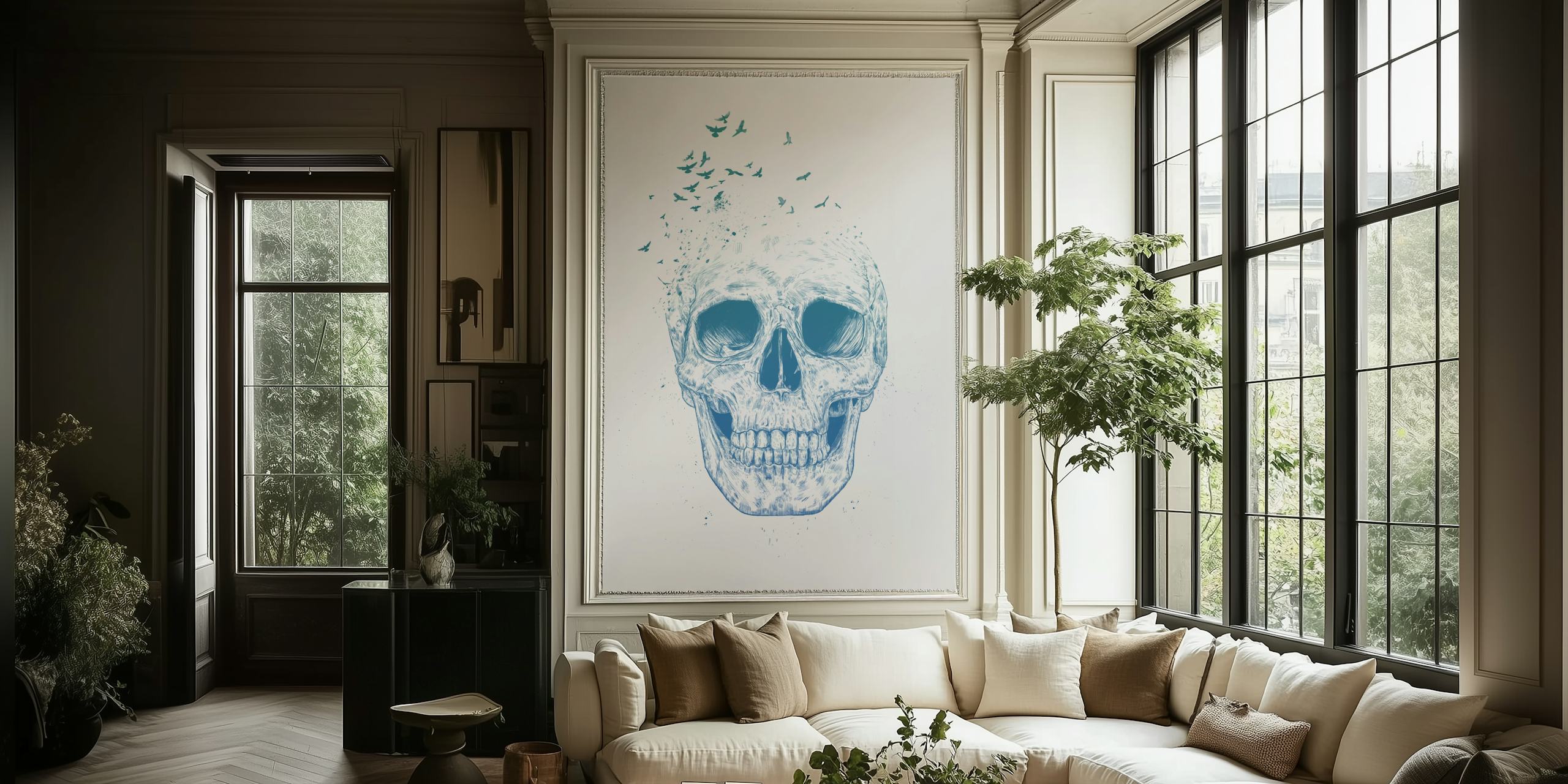 Skull illustration with blue gradient and birds wallpaper